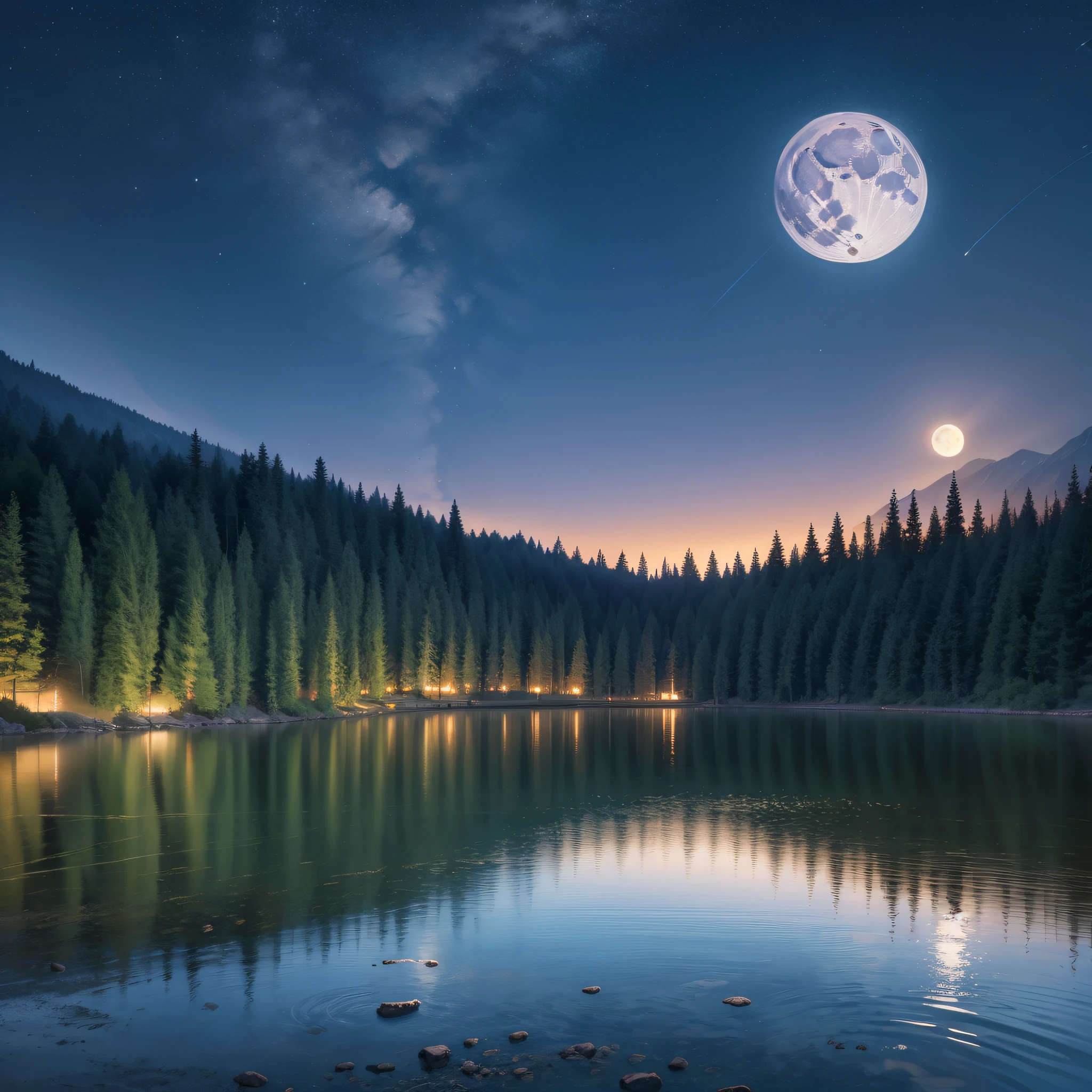 masterpiece. High quality. Lake at night surrounded by mountains and trees. Starry sky. Bao above the water. Full moon reflected in the water. hyper-detailed.8k