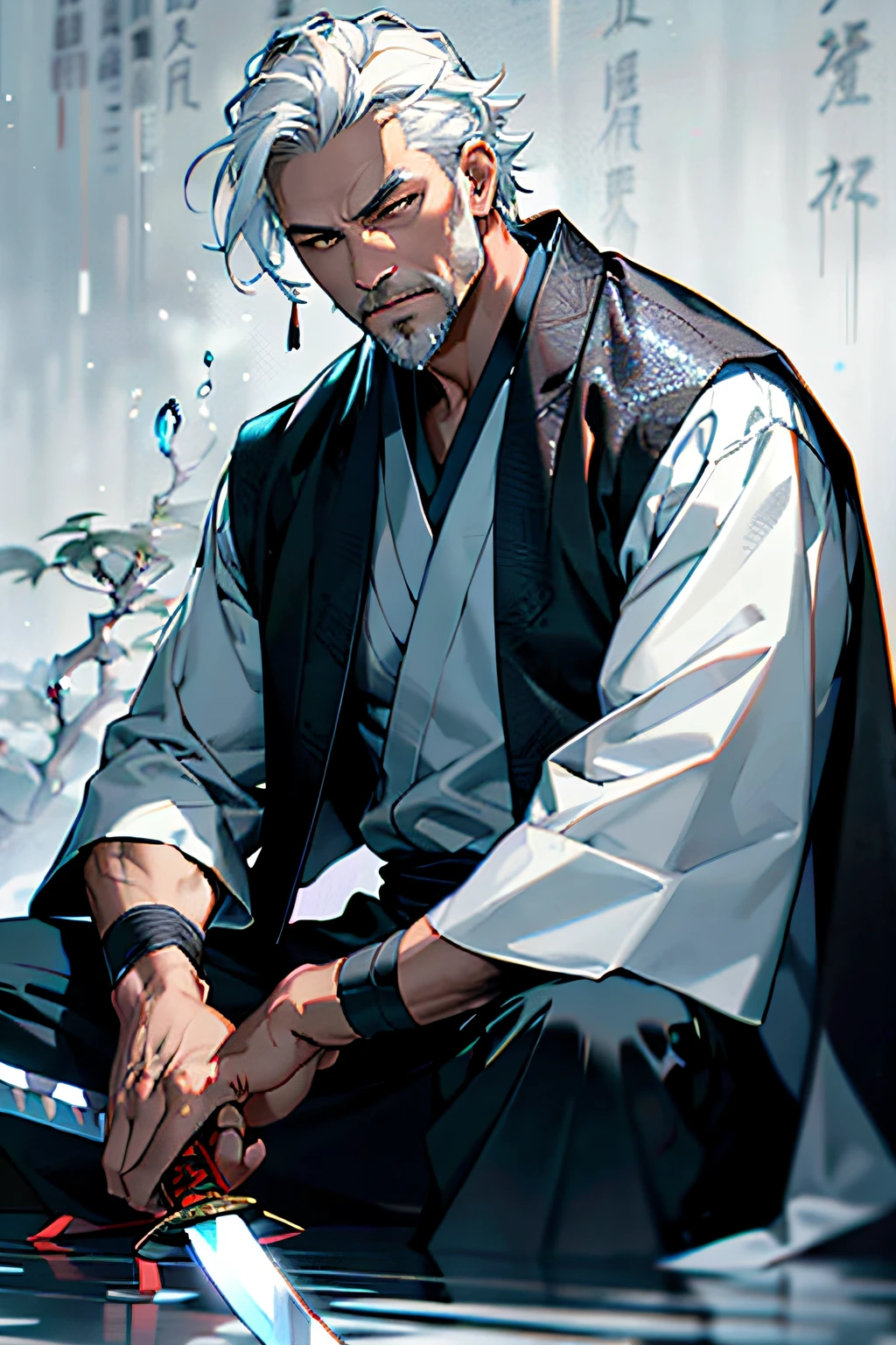 Middle-aged man, white hair, sitting, best quality, masterpiece, super high resolution, detailed background, realistic, chinese martial arts style, solo, male, mature, bala, mature male, facial hair, swordsman, samurai, sword in both hands, horror, dark fantasy, evil, cape, depth of field