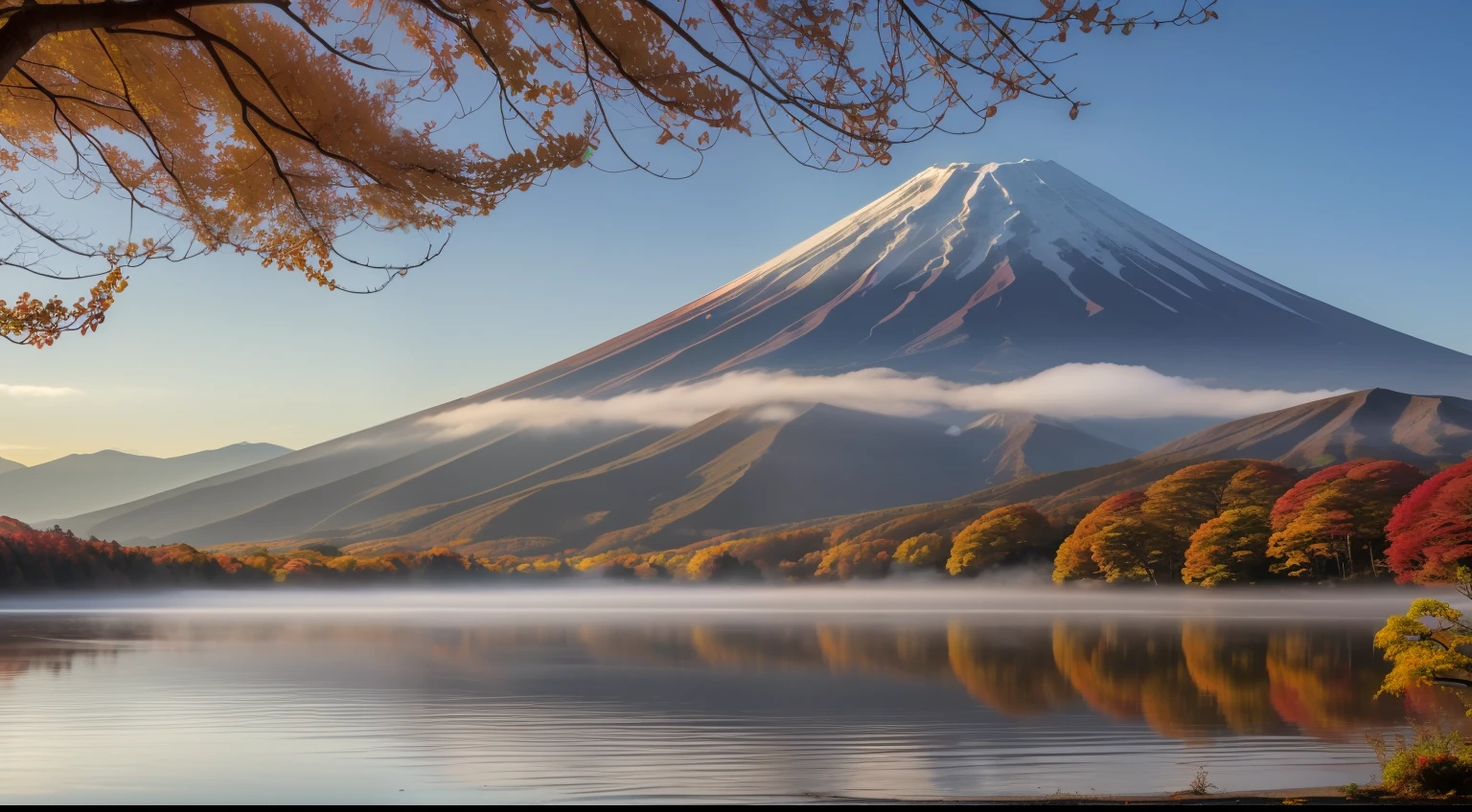 (Colorful Autumn Season and Mountain Fuji with morning fog and red leaves at lake Kawaguchiko)
