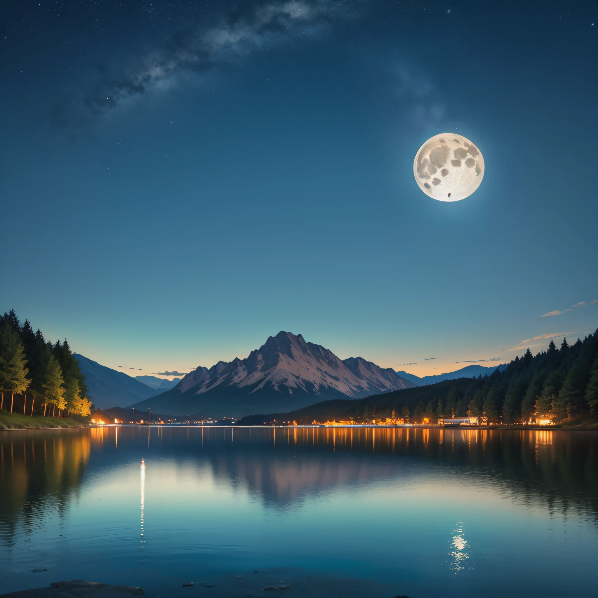 masterpiece. High quality. Lake at night surrounded by mountains and trees. Starry sky. Bao above the water. Full moon reflected in the water. hyper-detailed.8k