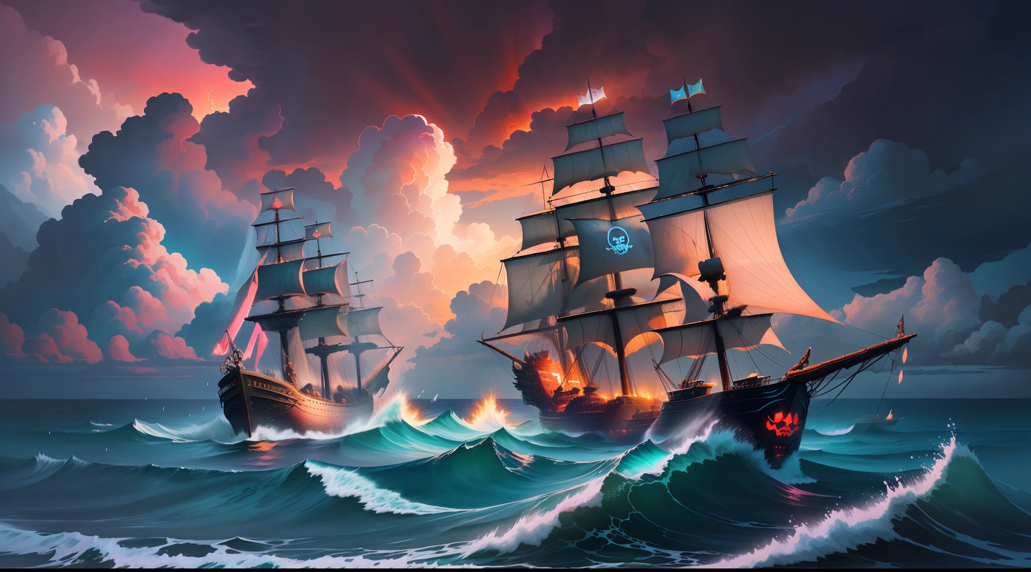 seascape, blue waves and ((fantasy battle pirate ships)) in ocean, pink and red clouds, storm, rain, bright neon lights, ((tropic islands on background))