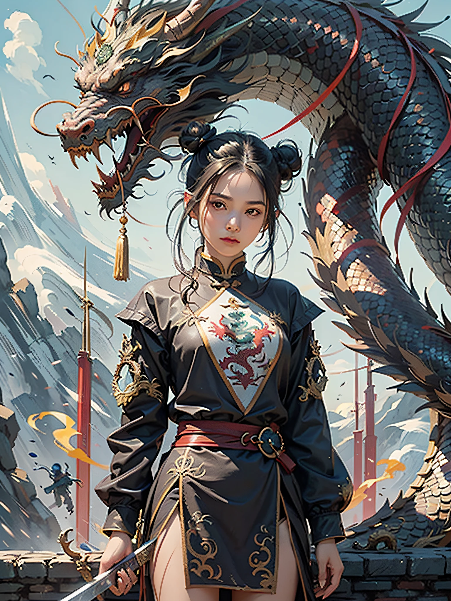 (masterpiece:1.2),1 girl,black hair bun,cold face,ponytail,(front),best quality,letterboxed,illustration,(An eighteen-year-old girl stood in front of the dragon with a sword:1.3),Panoramic view,Whole body,Expose thigh,(Elegant clothes:1.1),(Look from below:1.3),ZHENBANQIAO,BADASHANREN,