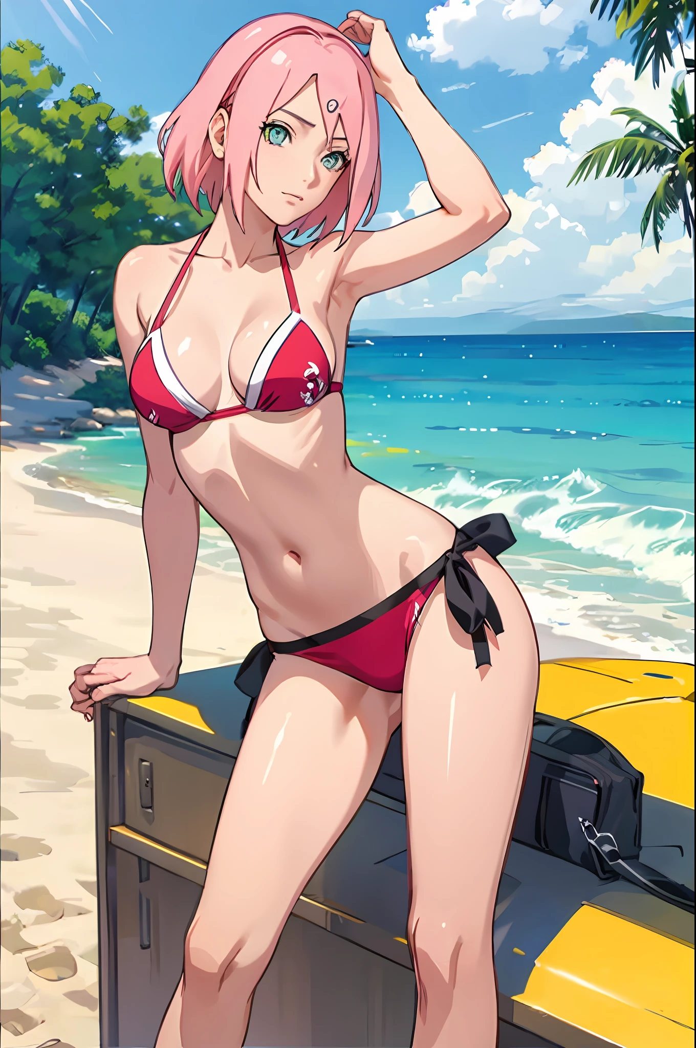 haruno sakura, side tie bikini, medium breast, slim legs, sunny day, Beach, leaning, beautiful eyes