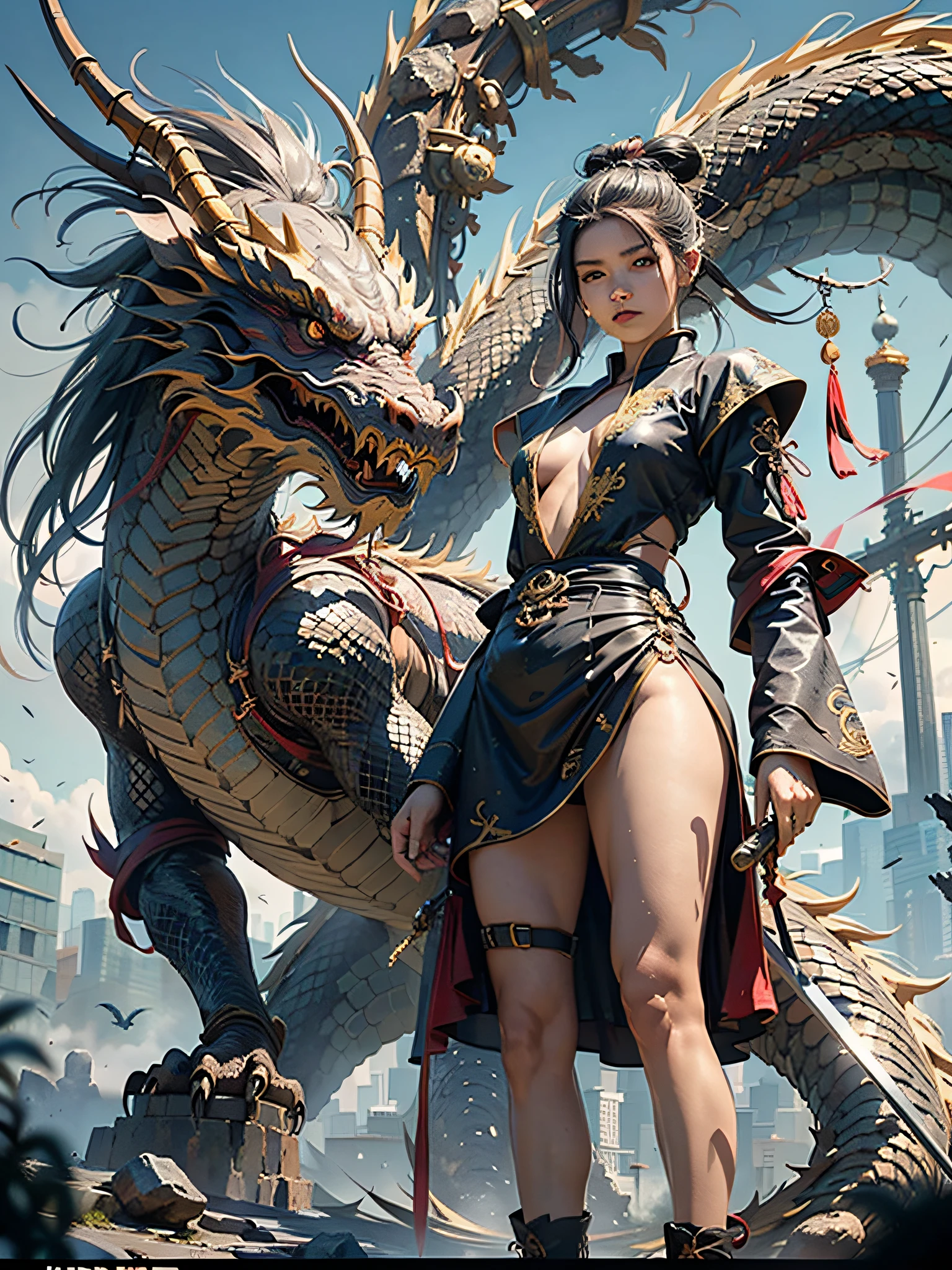 (masterpiece:1.2),1 girl,black hair bun,cold face,ponytail,(front),best quality,letterboxed,illustration,(An eighteen-year-old girl stood in front of the dragon with a sword:1.3),Panoramic view,Whole body,Expose thigh,(Elegant clothes:1.1),(Look from below:1.3),ZHENBANQIAO,BADASHANREN,
