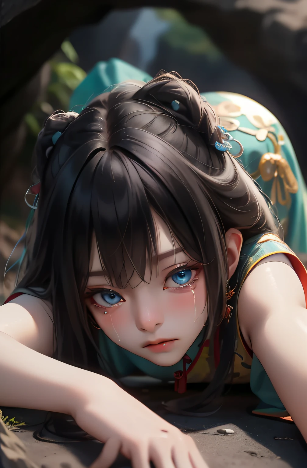 Best quality, masterpiece, black hair, blue eyes, lying on the ground, crying, wearing traditional Chinese costume, looking straight into camera, cave in background