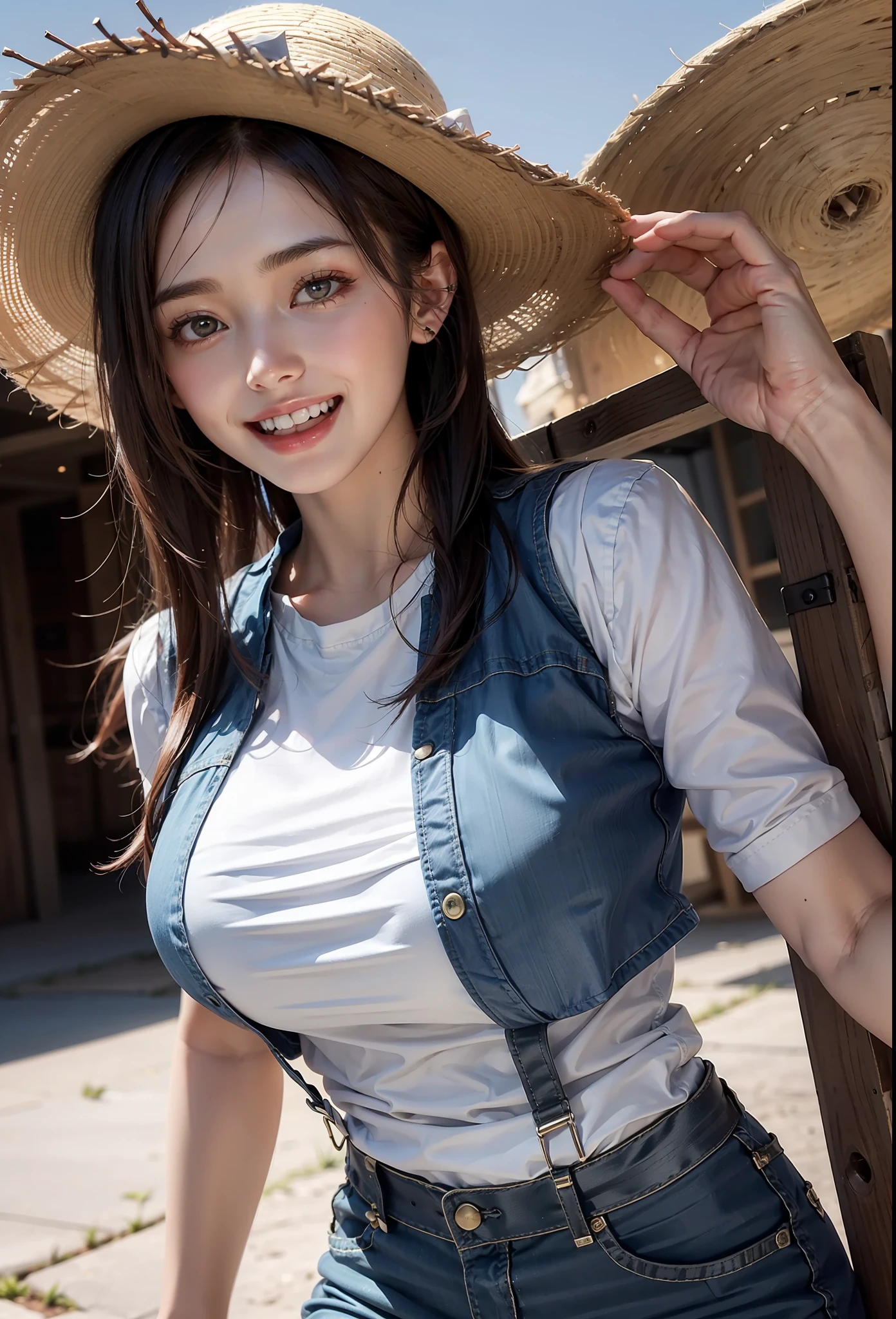 Vest, suspenders, 15-year-old beautiful girl, Tifa, ranch, straw hat, huge laughter, white and neat teeth,