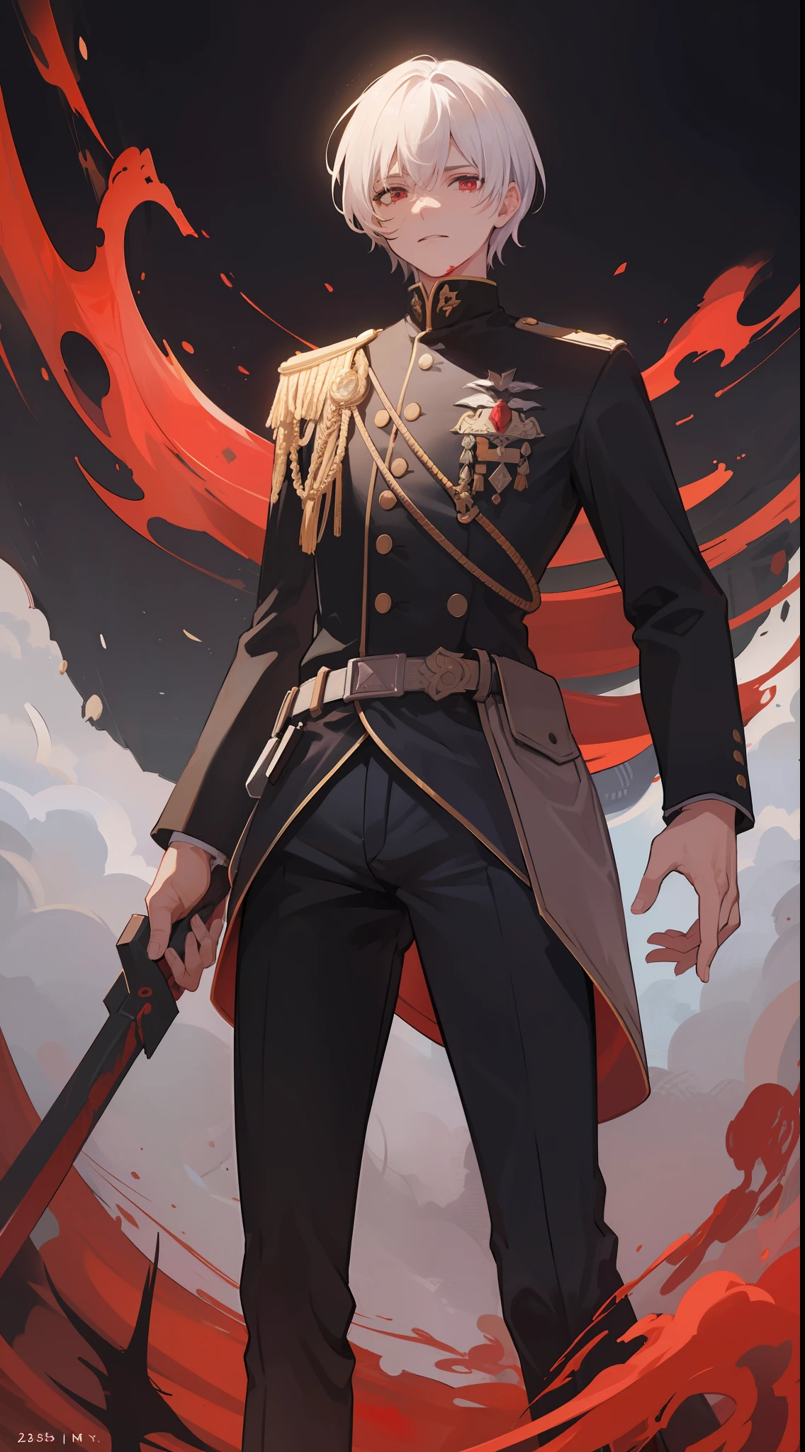 1 man, wears a black imperial uniform, white short hair modern style, sharp red eyes, he is Hero who fall to the darkness and his body full of blood, he standing of million humans body, and he look so cruel ((25 year old face)) ((no multiple people))