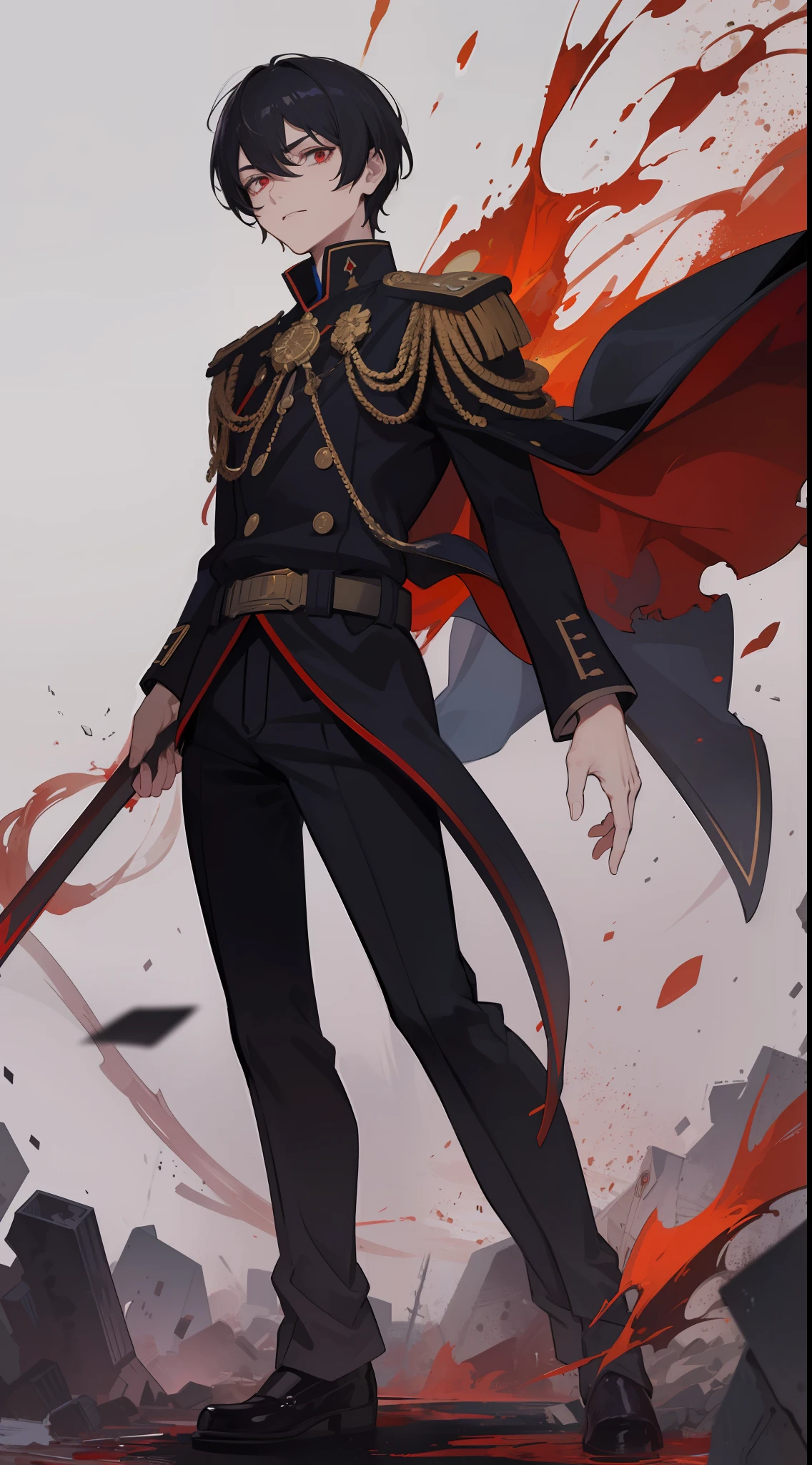 1 man, wears a black imperial uniform, white short hair modern style, sharp red eyes, he is Hero who fall to the darkness and his body full of blood, he standing of million humans body, and he look so cruel ((25 year old face)) ((no multiple people))