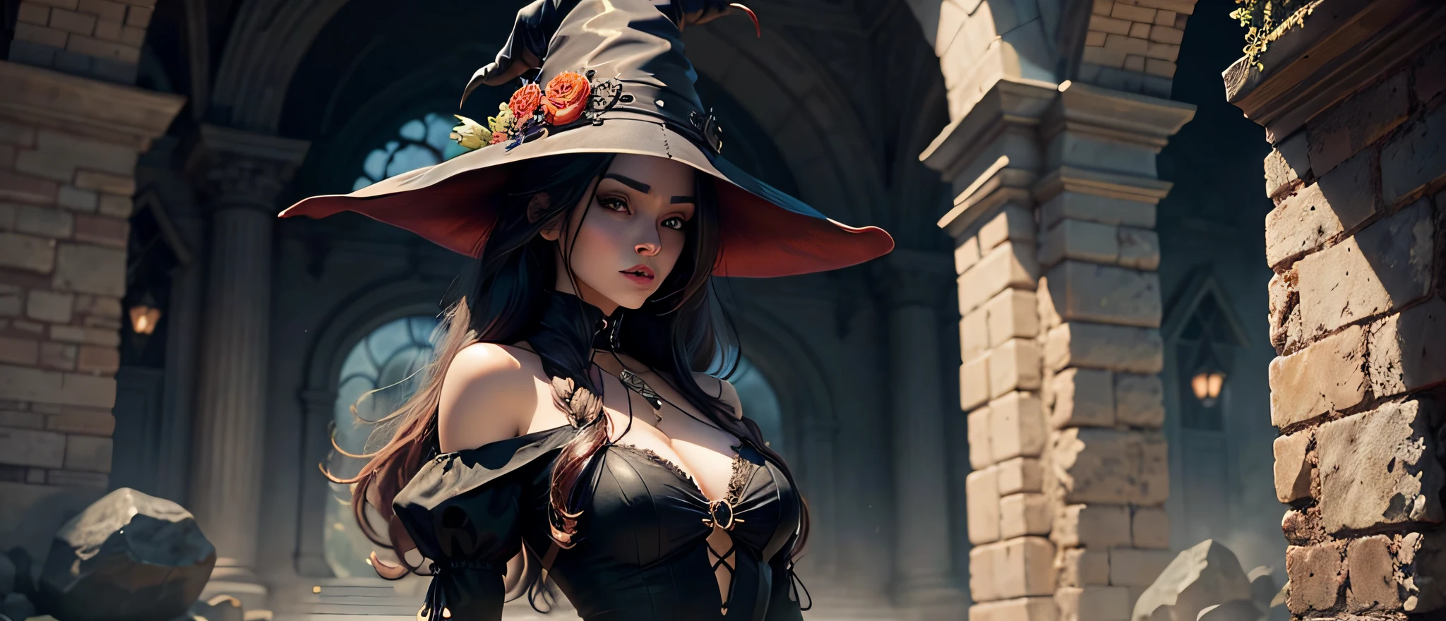 witch in a black dress and hat standing in front of a stone wall, fashionable dark witch, bright witch, classical witch, beautiful witch female, a beautiful sorceress, beautiful sorceress, extremely detailed artgerm, pretty sorceress, castlevania witch, portrait of a witch, halloween art style, beautiful female witch, style artgerm --auto