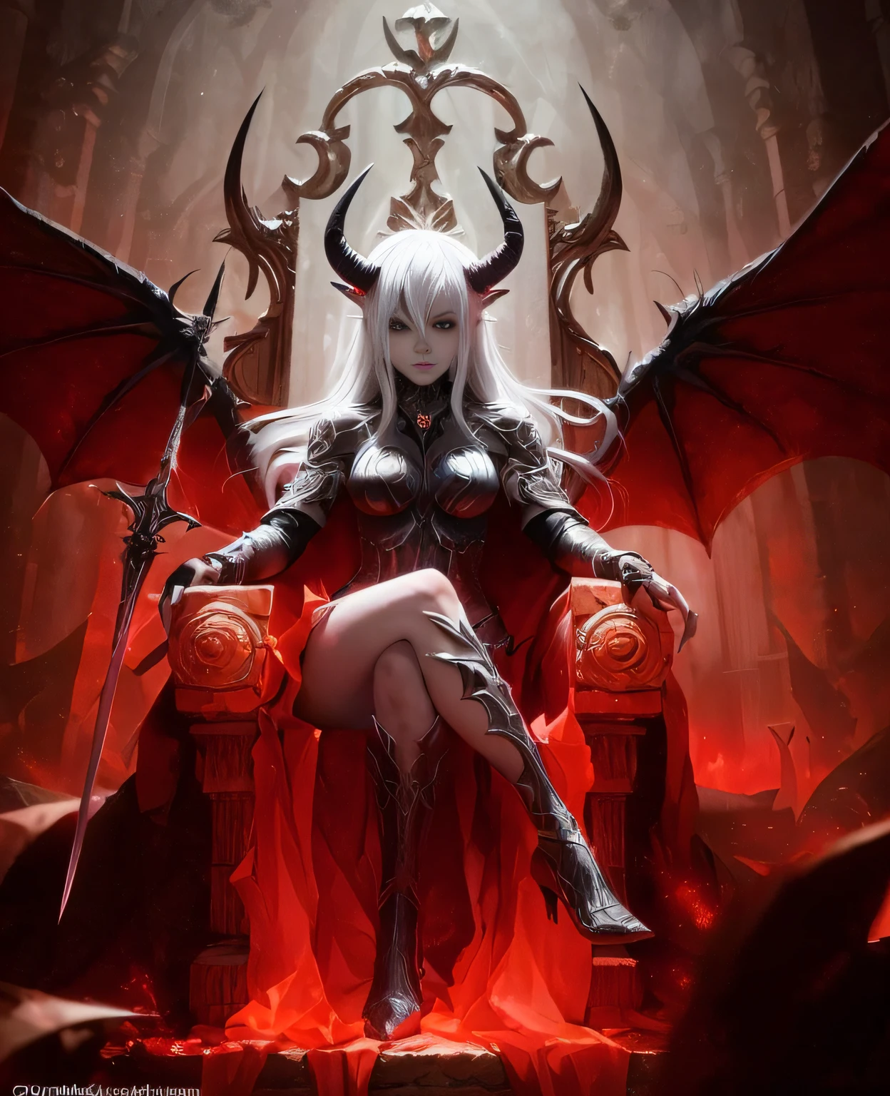 A woman with horns and a horned head holding a sword, demon anime girl, beautiful succubus, demoness, beautiful elegant demon queen, succubus, succubus | medieval, white horns queen demon, goddess of wrath, goddess of the underworld, demon girl, hellish nymph!, epic fantasy art style HD, anime fantasy artwork, anime fantasy illustration sitting on a throne