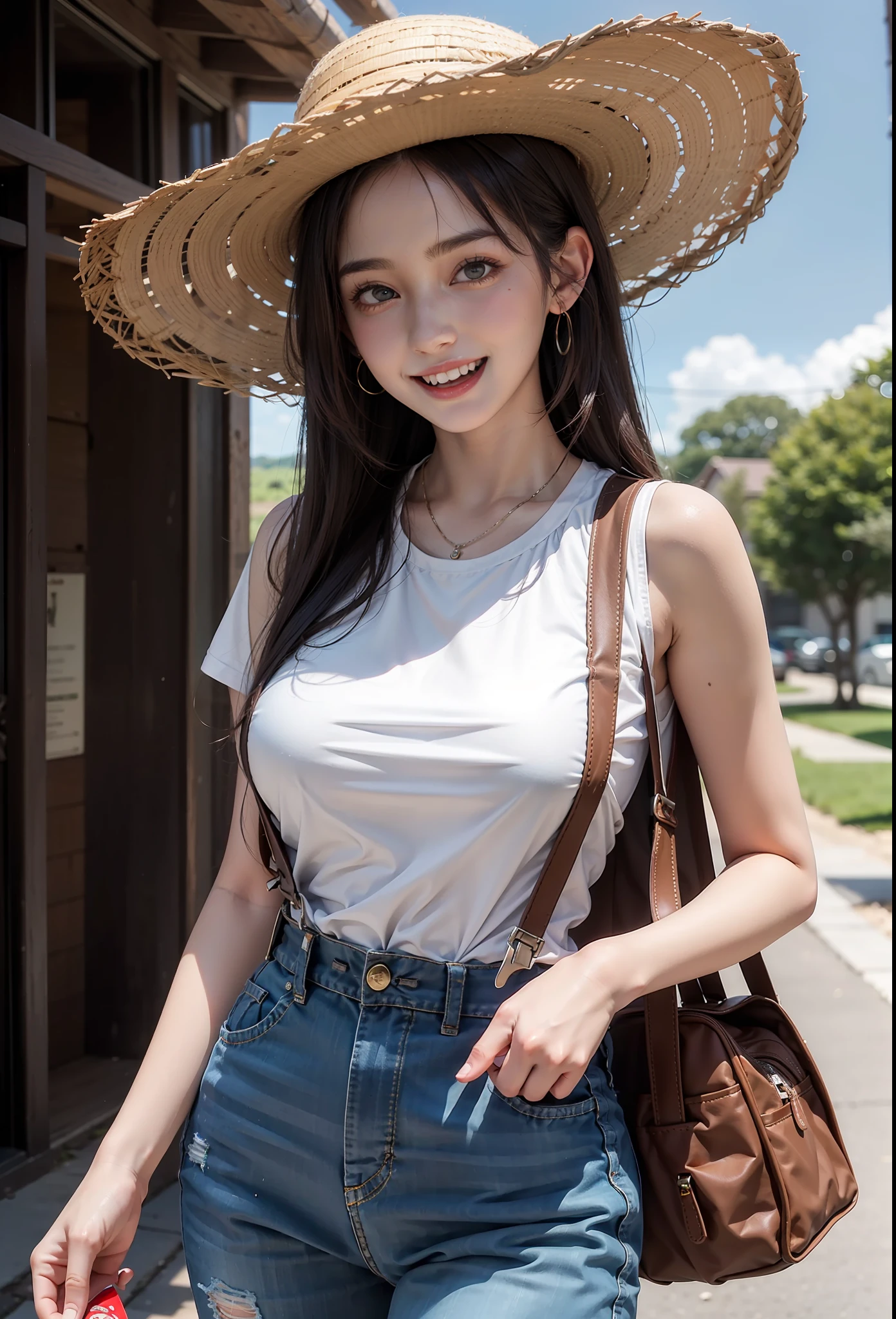 Vest, suspenders, 15-year-old beautiful girl, Tifa, ranch, straw hat, huge laughter, white and neat teeth,