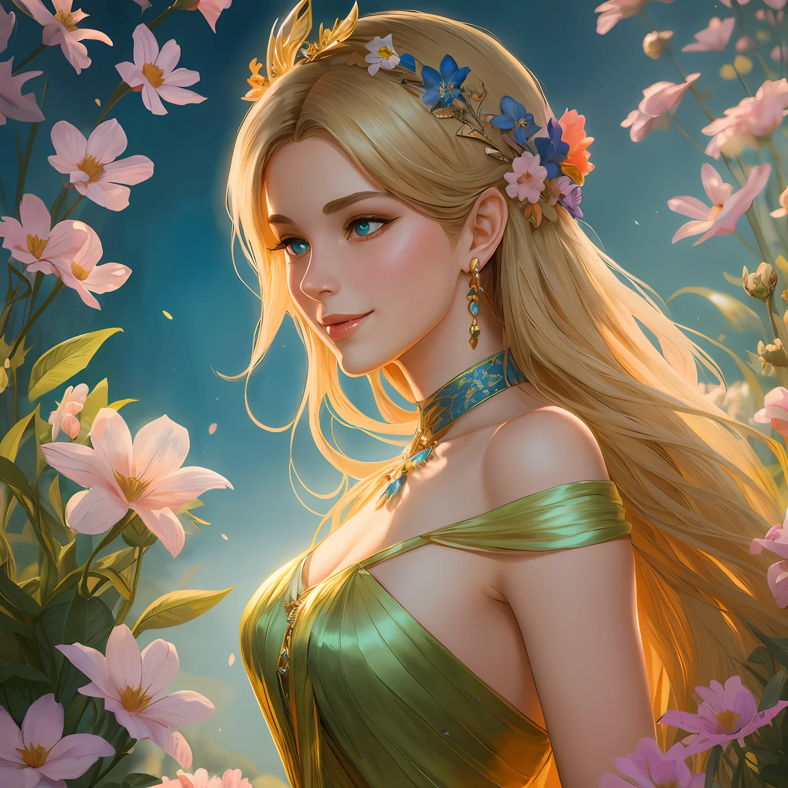 Tinker Bell from Disney is flying in the blue sky. She is a beautiful blonde fairy wearing a long luxurious dress. She has a beautiful face and is smiling happily. little colorful flowers,The sun is shining behind her. by Kinuko craft, Alphonse Mucha, Anna Dittmann, Artgerm, Greg rutkowski, painting in the style of Ernest Khalimov, digital painting, Artstation, Concept art, intricate, Elegant, Sharp focus, octane render