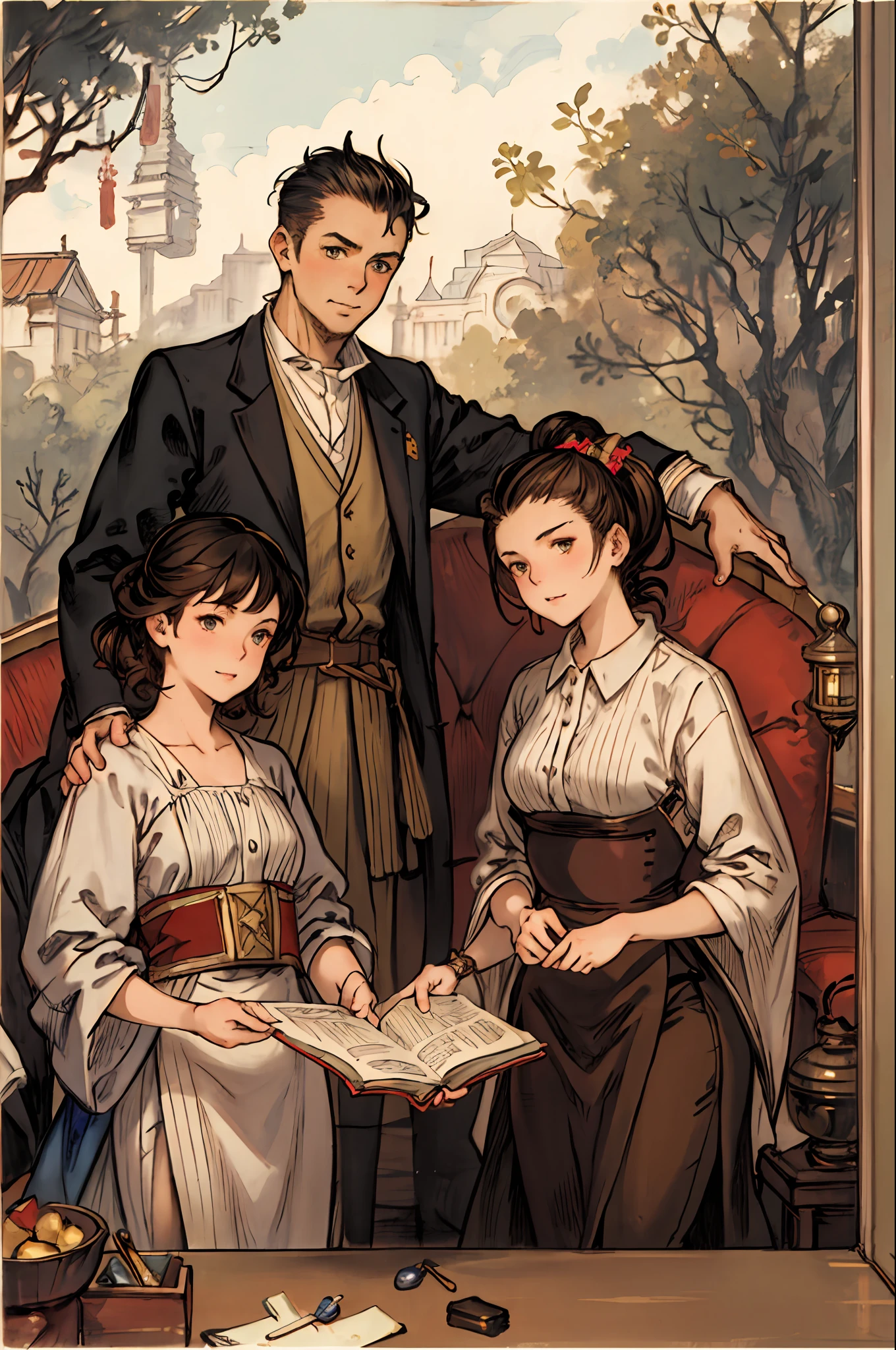 4 people, 1 tall male, 1 tall female, 2 short females,young Sofa Vergara portrait, Aztec, Mayan, fantasy, elegant, intricate, by Stanley Artgerm Lau, greg rutkowski, thomas kindkade, alphonse mucha, loish, norman Rockwell