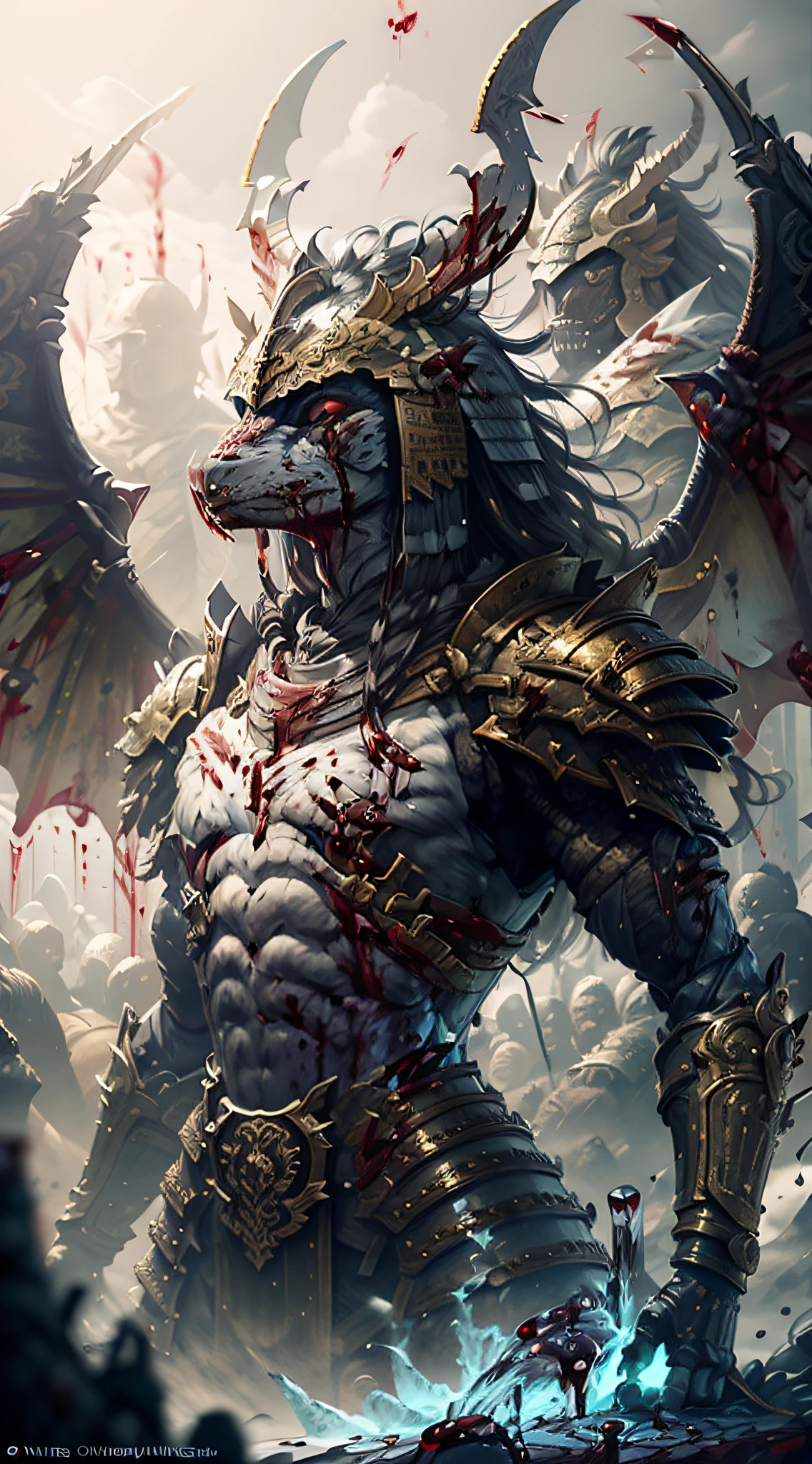 There is a digital painting, this painting is of an animal with a golden head and horns, portrait of a dragoon, mysterious Anubis Valkyrie, ultra-detailed fantasy figure, cyborg dragon portrait, photo of sleipnir, ghost of Anubis, 4k detail fantasy, polaroid counting trend, zbrush competition winner, drawn with zbrush, zbrush central competition winner, horse warrior, (The whole body all is a blood:3)