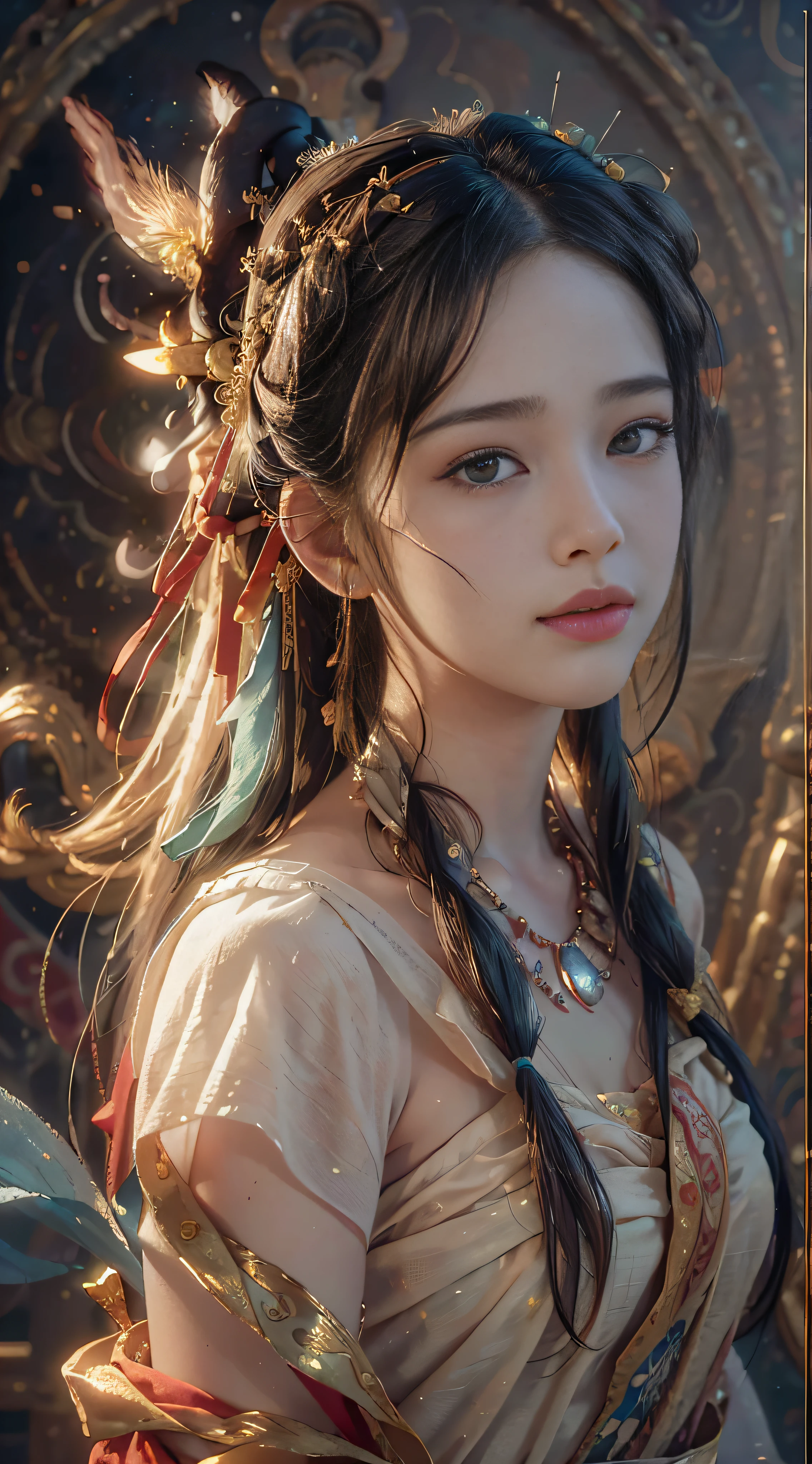 A woman with long hair and a feather headpiece in a dress - SeaArt AI