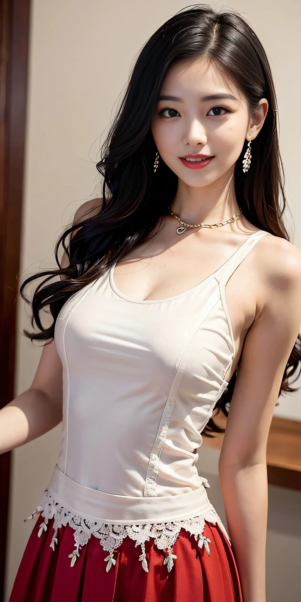 Real people, highest image quality, masterpiece, exquisite CG, highest resolution, ultra-clear picture quality, delicate facial features, peerless beauty, delicate and beautiful facial features, cute girl, red wavy curly hair, bow hairpin, oily red lips, sweet smile, smile, smile without teeth, delicate skin, shiny, moisturized skin, blushing face, pure, close-up, single, necklace, earrings, not exposed, dynamic action, (gorgeous long dress with round neck), skirt full of lace, bust, Rating: Safe