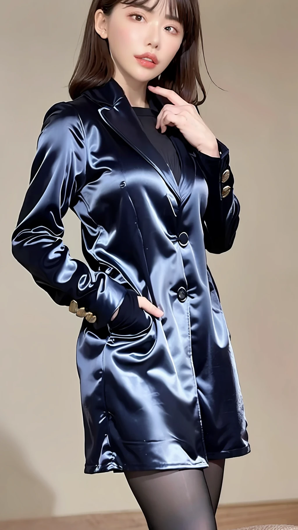 The highest quality, the highest image quality, the ultra-detailed, the material of the satent wrench coat, satin blouse, coat and blouse has a strong gloss, soft and smooth touch, seducing the viewer expression, face, full body shot,