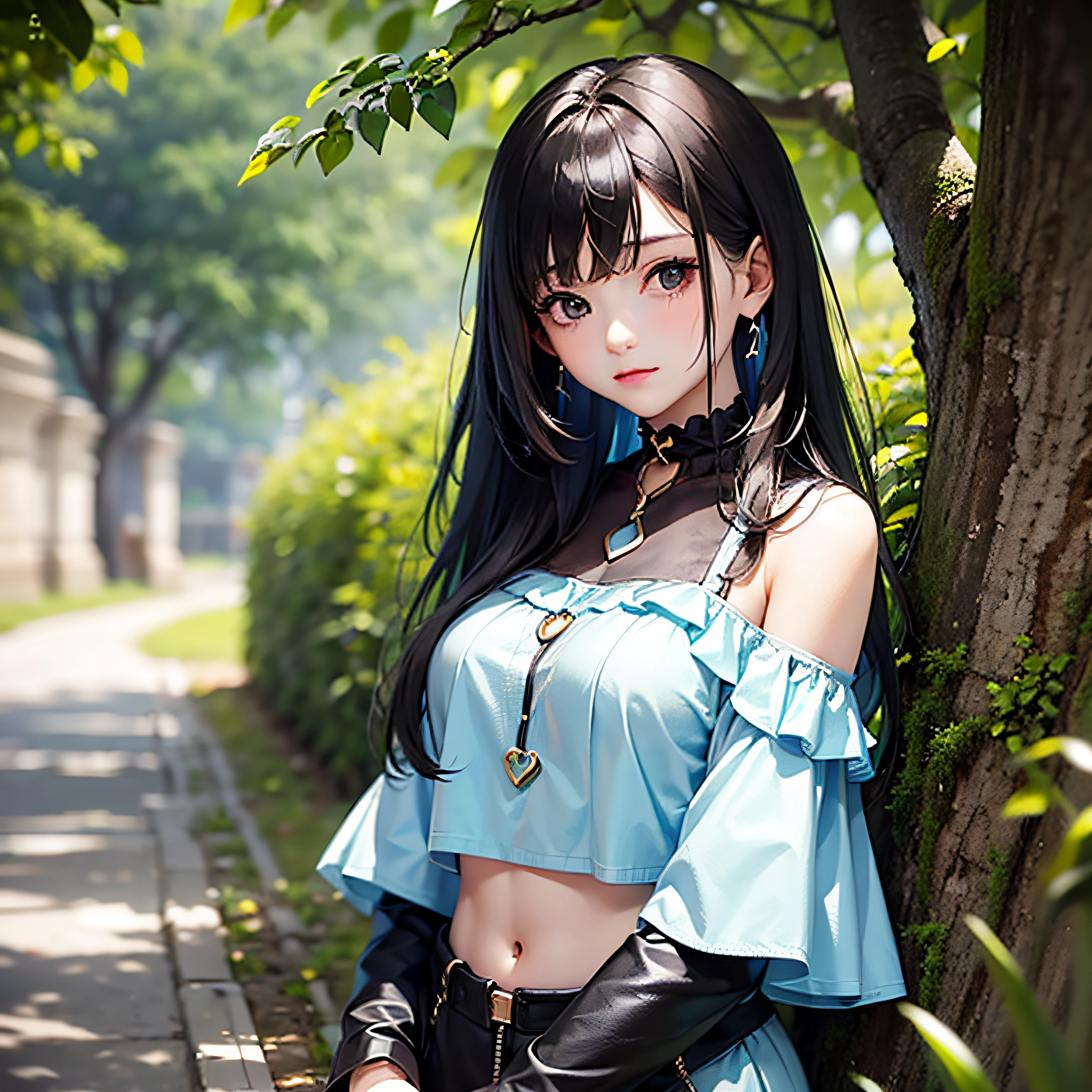 black shiny hair, kawaii, ****ung girl, out door, off-shoulder, light blue midriff smock blouse with ruffles on the chest, A simple black choker with a stone around the neck, ((bashful)), ((shy)), grasp each her hands in front of body, 1080P, anatomically correct