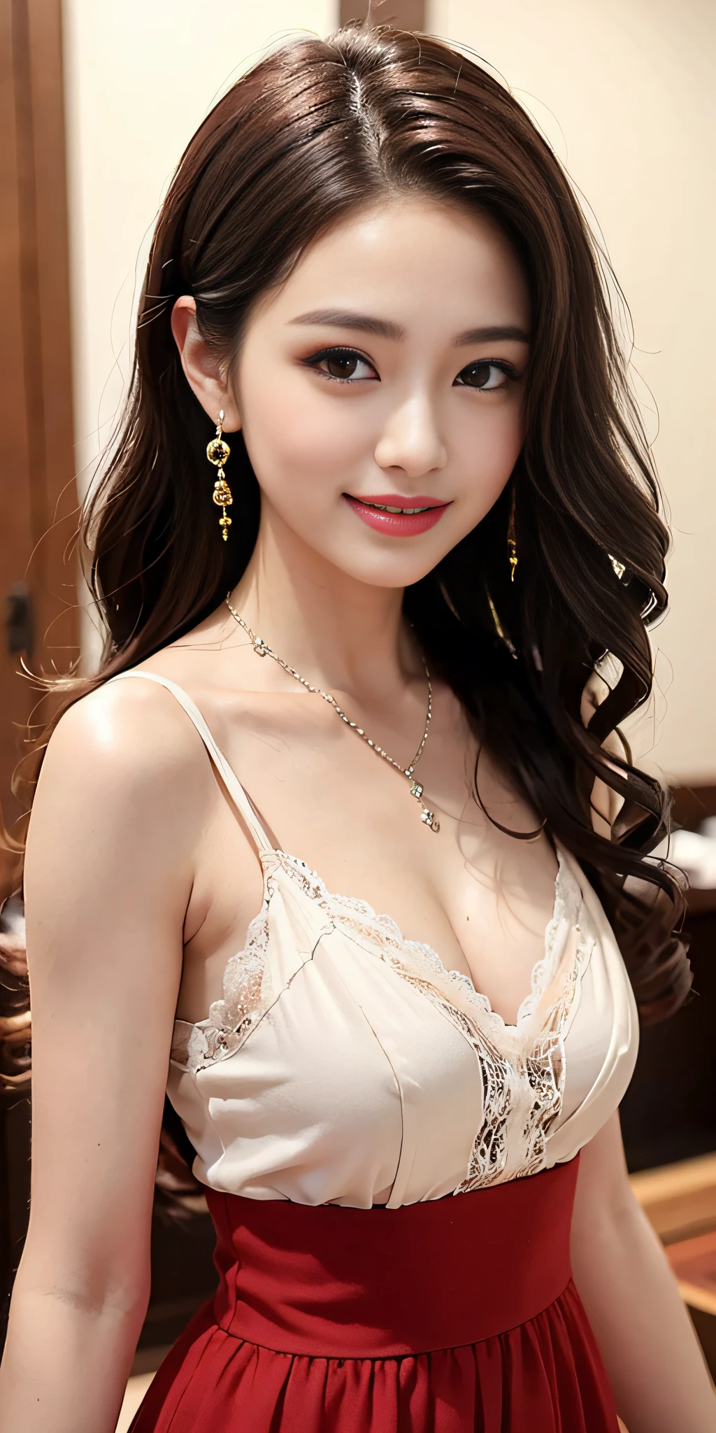 Real people, highest image quality, masterpiece, exquisite CG, highest resolution, ultra-clear picture quality, delicate facial features, peerless beauty, delicate and beautiful facial features, cute girl, red wavy curly hair, bow hairpin, oily red lips, sweet smile, smile, smile without teeth, delicate skin, shiny, moisturized skin, blushing face, pure, close-up, single, necklace, earrings, not exposed, dynamic action, (gorgeous long dress with round neck), skirt full of lace, bust, Rating: Safe