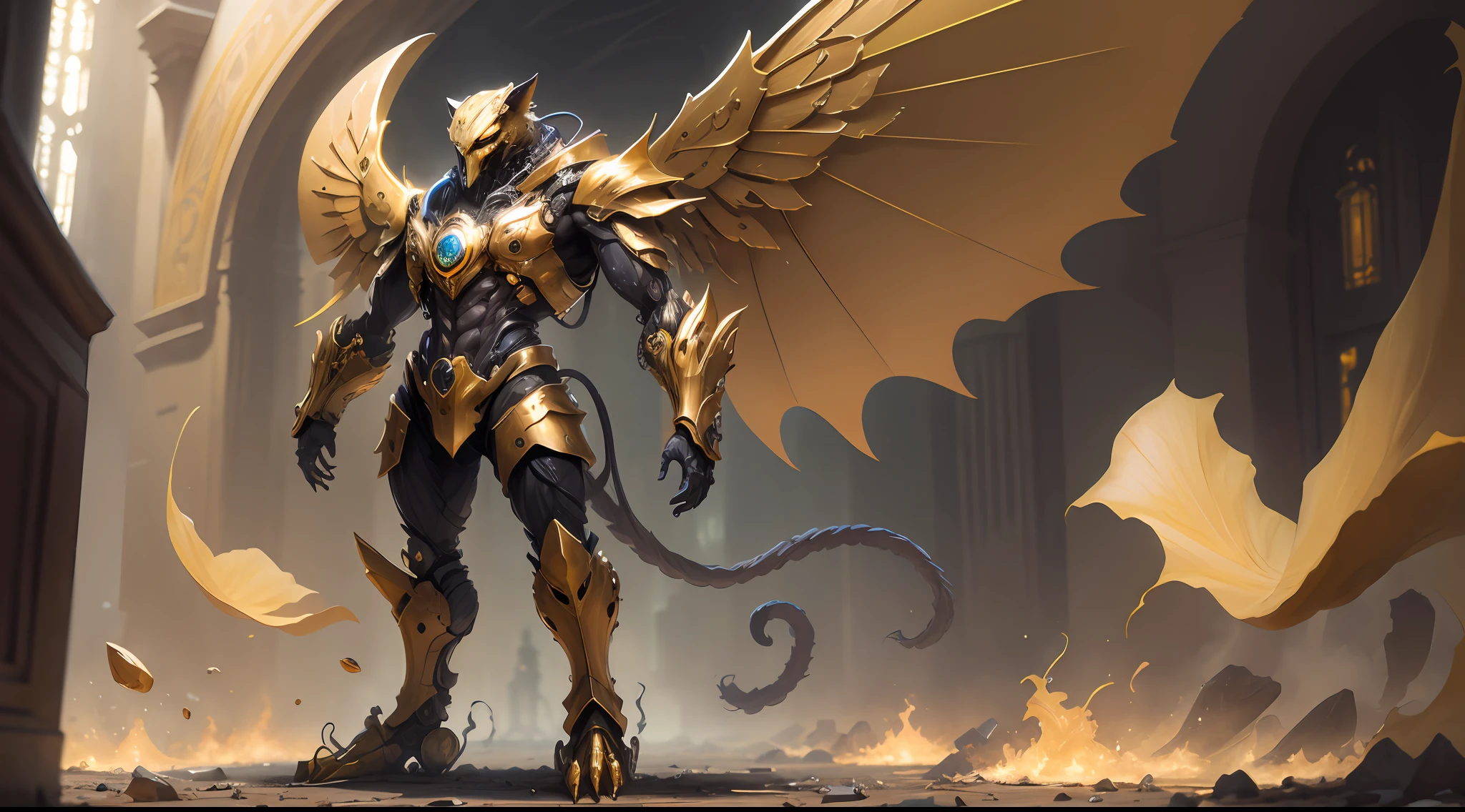 Humanoid cat with golden armor and mechanical wings, with hands and feet, and the torso is all in the picture