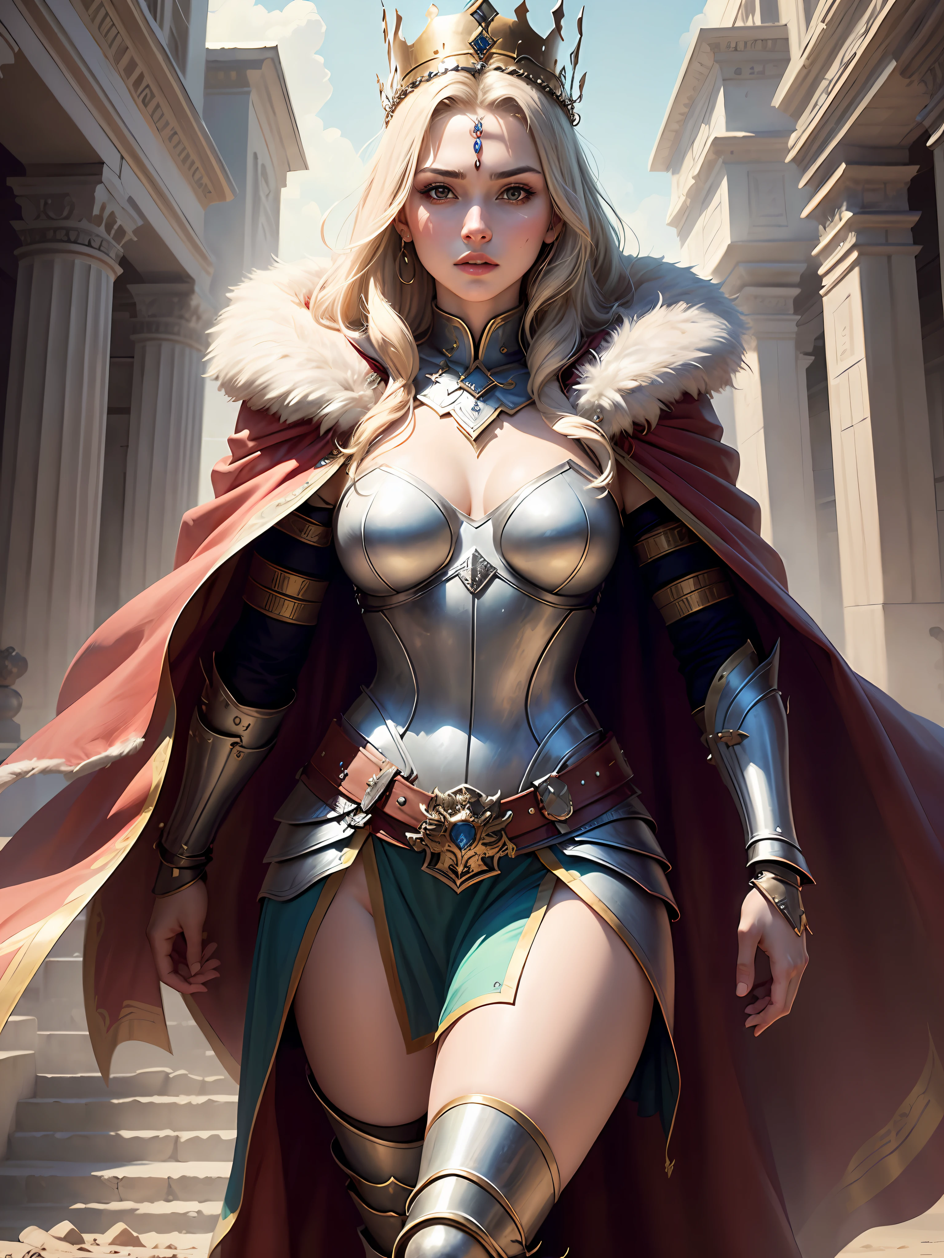 (masterpiece, top quality, best quality, official art, beautiful and aesthetic:1.2), (1girl), (warrior queen armor, fur-lined cape, jeweled crown:1.2),serious