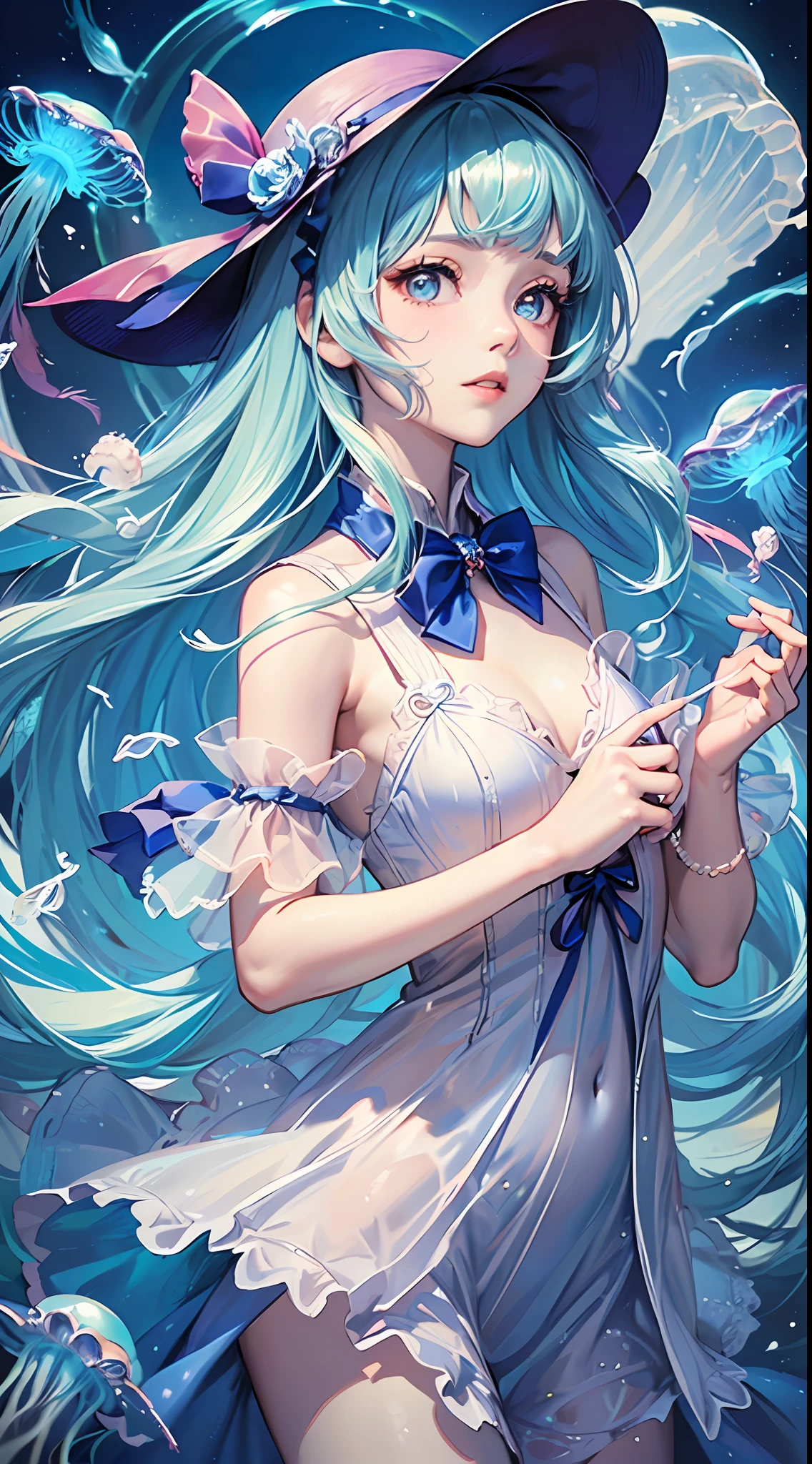 ((masterpiece)),(illustration),(((best quality)),iridescent, ((beautiful detailed girl)),jellyfish_girl,small breast,upper_body, (delicate cute face),lovestruck,(iridescent eyes), ((floating_hair)),iridescent,(jellyfish_hat),bow, dark_blue dress,bowties,laces,ribbons,pearl, (in deep_sea),fishes,(jellyfish),beautiful landscape,