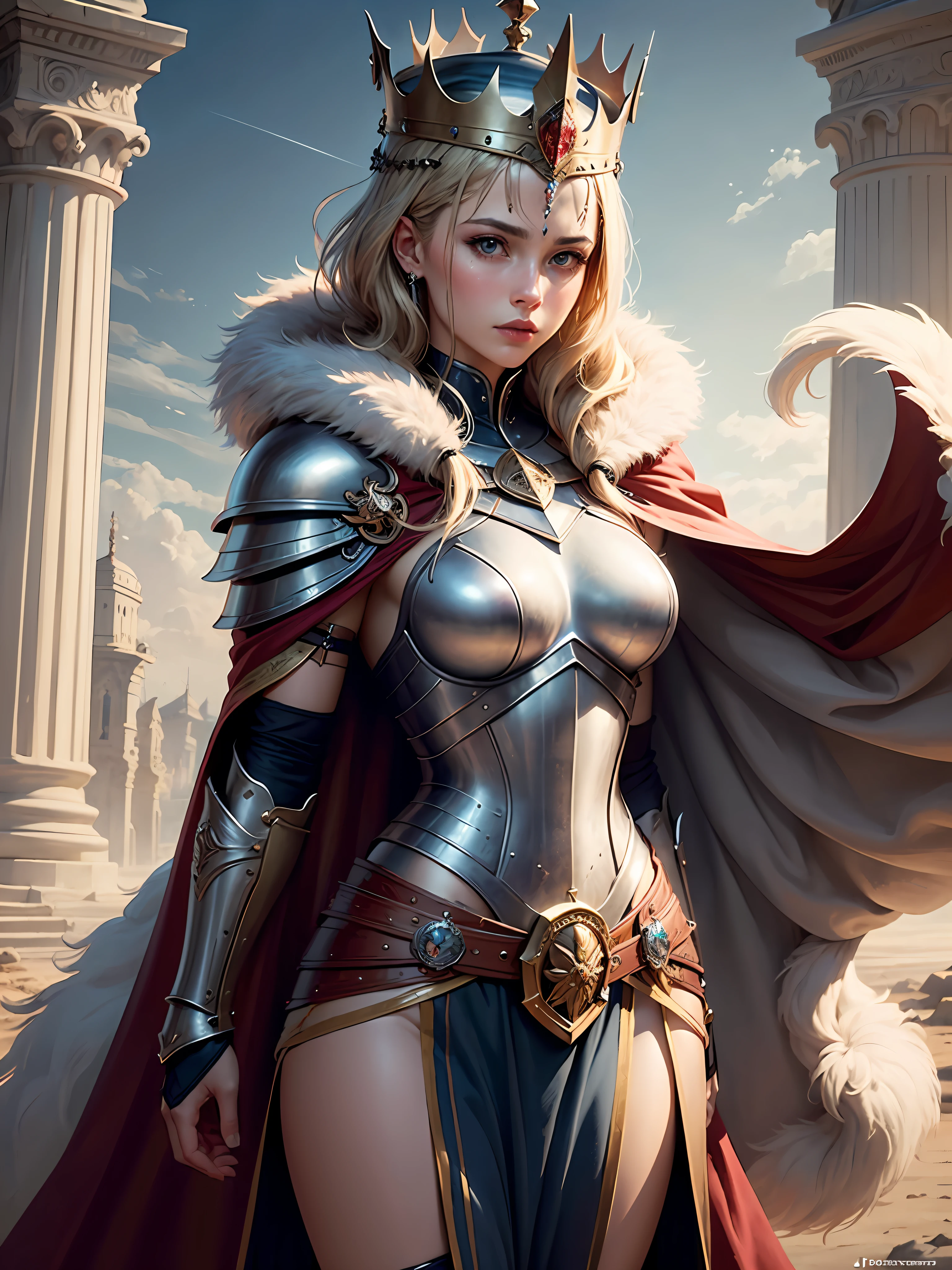 (masterpiece, top quality, best quality, official art, beautiful and aesthetic:1.2), (1girl), (warrior queen armor, fur-lined cape, jeweled crown:1.2),serious