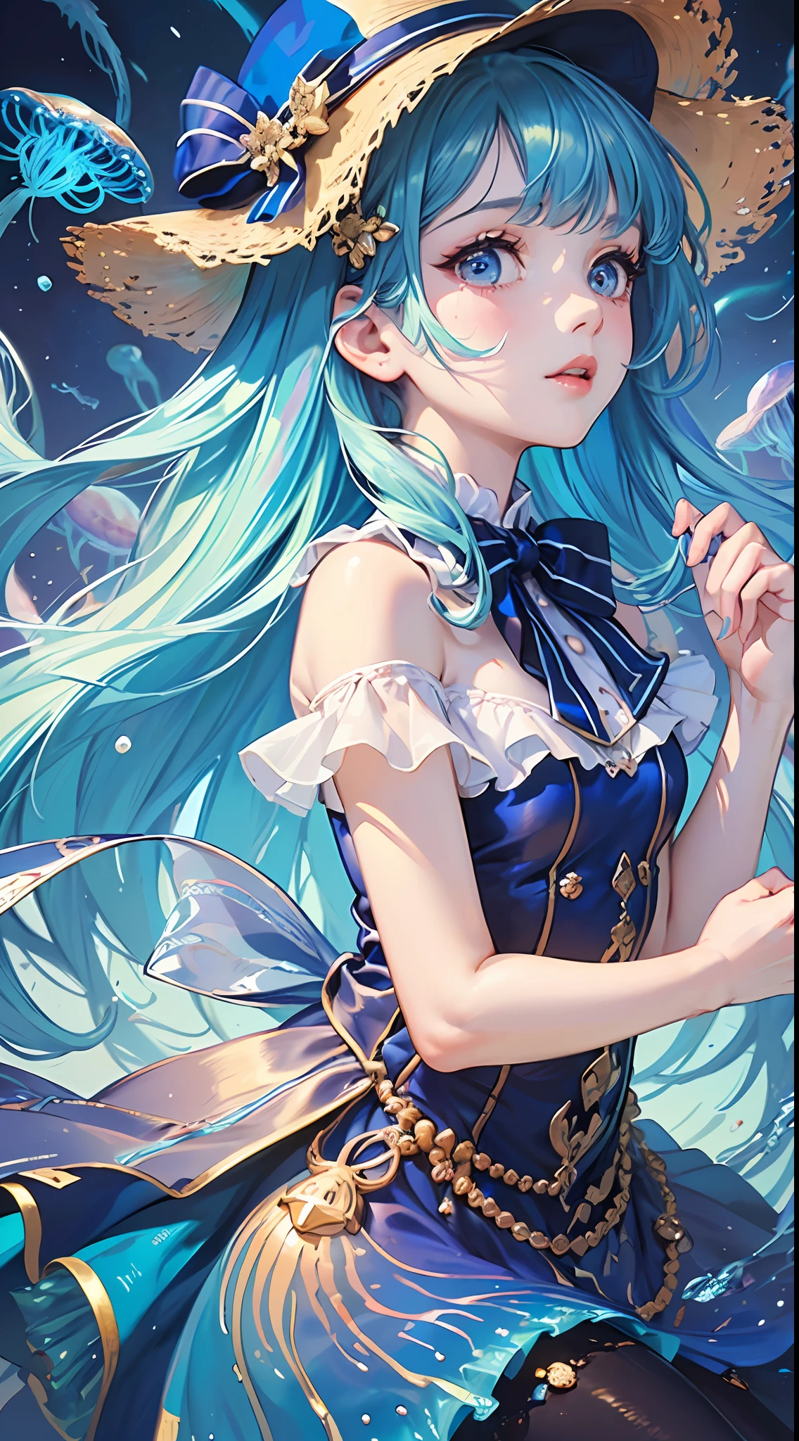 ((masterpiece)),(illustration),(((best quality)),iridescent, ((beautiful detailed girl)),jellyfish_girl,small breast,upper_body, (delicate cute face),lovestruck,(iridescent eyes), ((floating_hair)),iridescent,(jellyfish_hat),bow, dark_blue dress,bowties,laces,ribbons,pearl, (in deep_sea),fishes,(jellyfish),beautiful landscape,