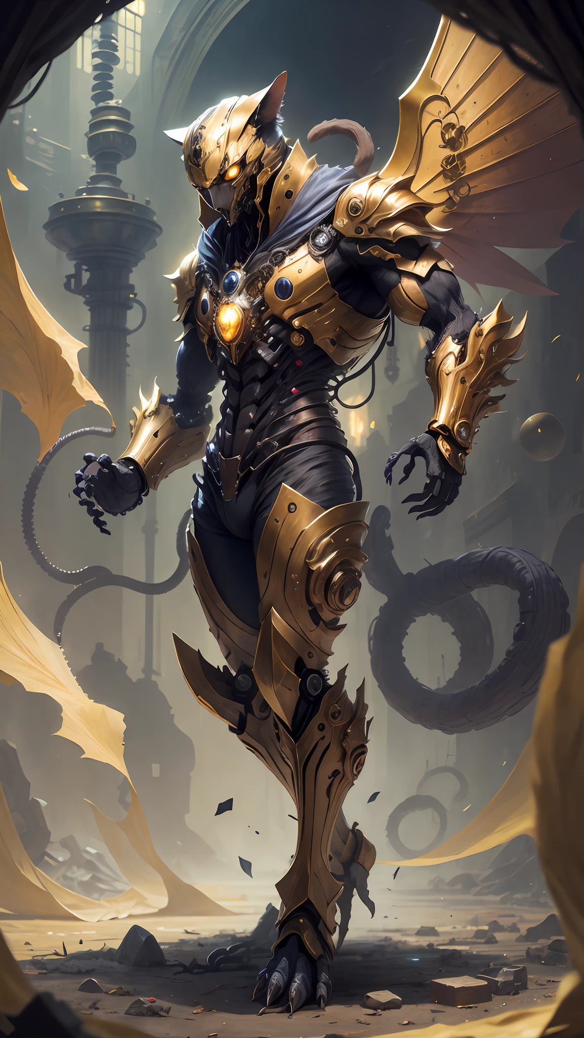 Humanoid cat with golden armor and mechanical wings, with hands and feet, and the torso is all in the picture