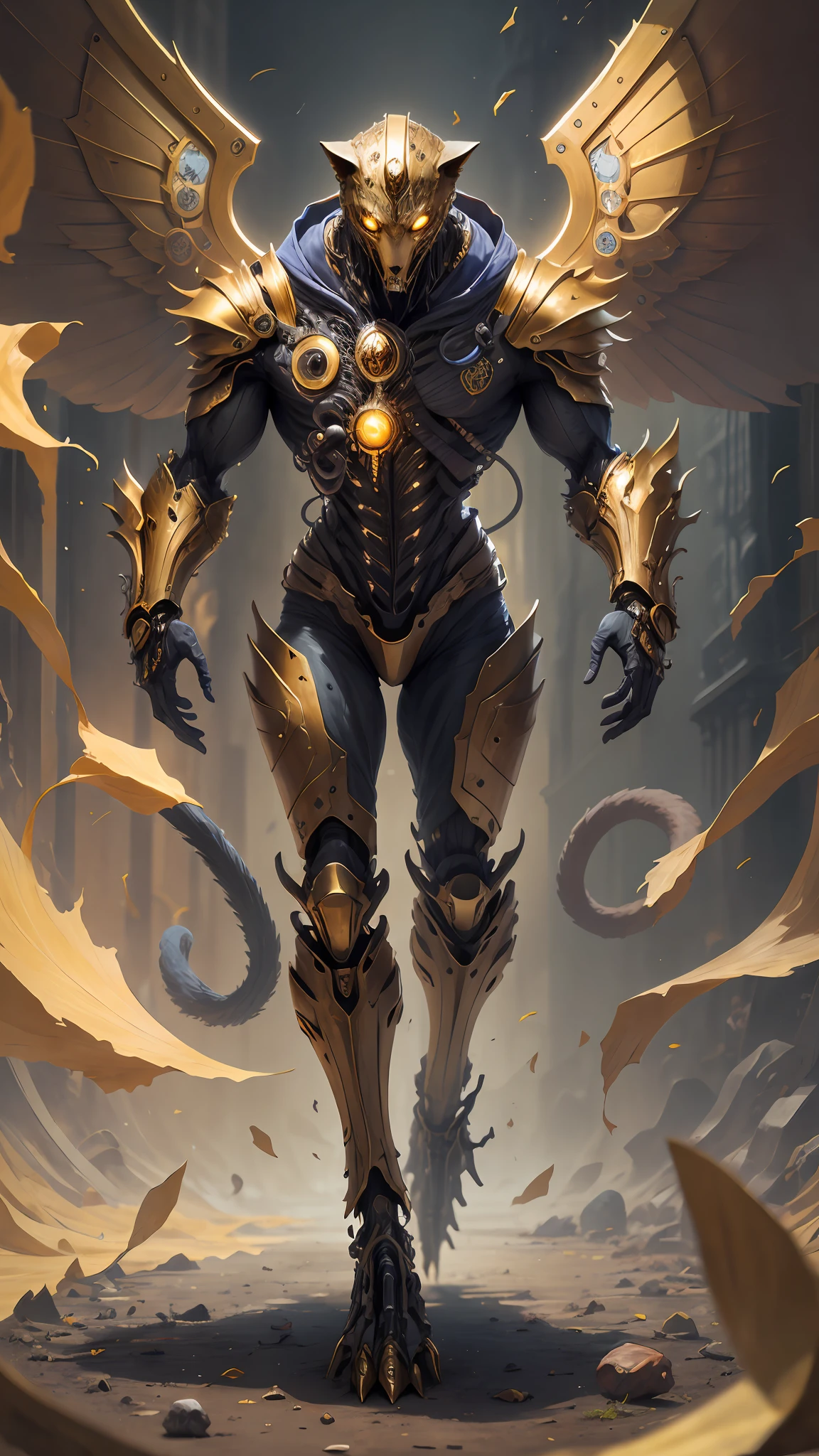 Humanoid cat with golden armor and mechanical wings, with hands and feet, and the torso is all in the picture