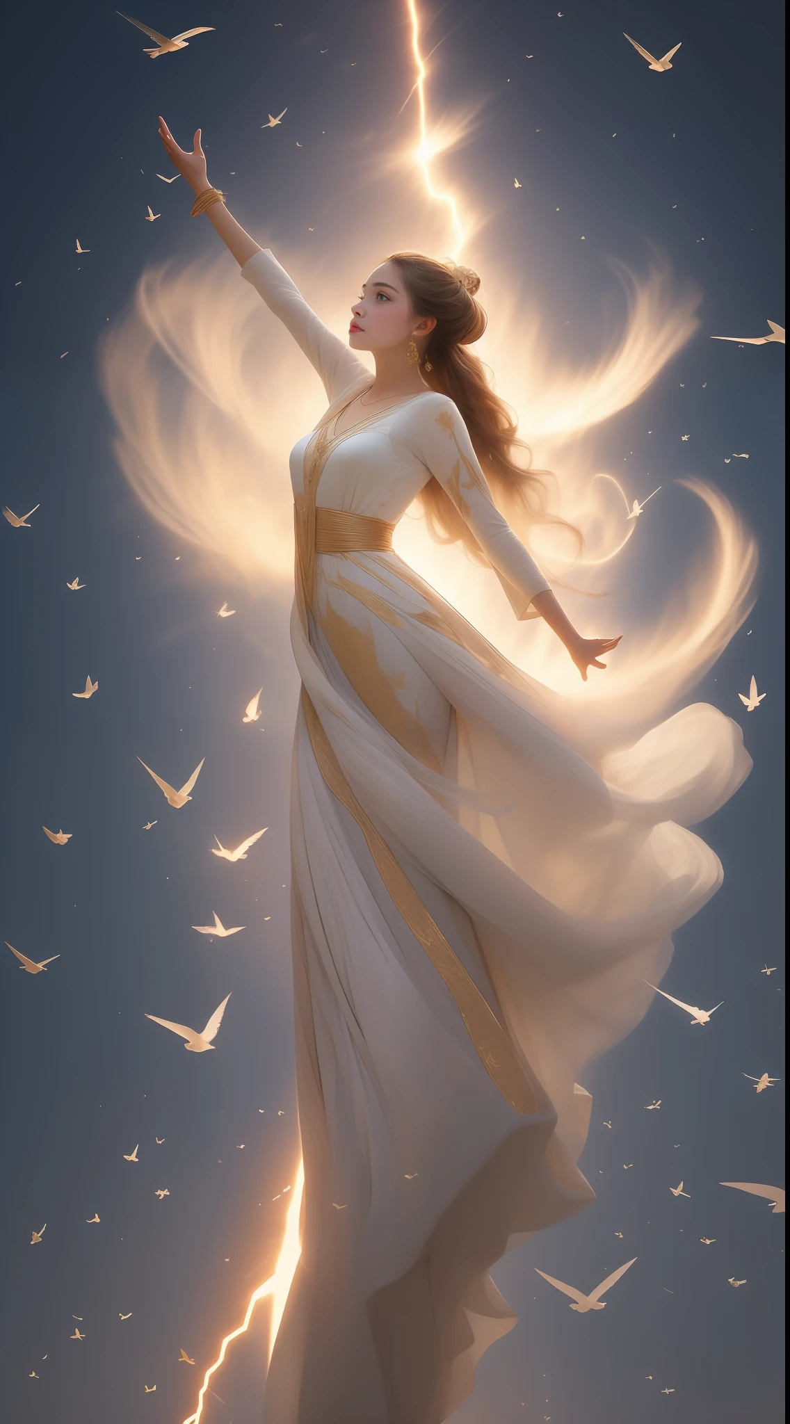 The goddess flying in the air points to the sky,Immortal style,Look up at the sky,The whole body is surrounded by lightning,Wear white clothes,golden ornament,Gorgeous long dress,Flying hair,Flying clothes,Church background,