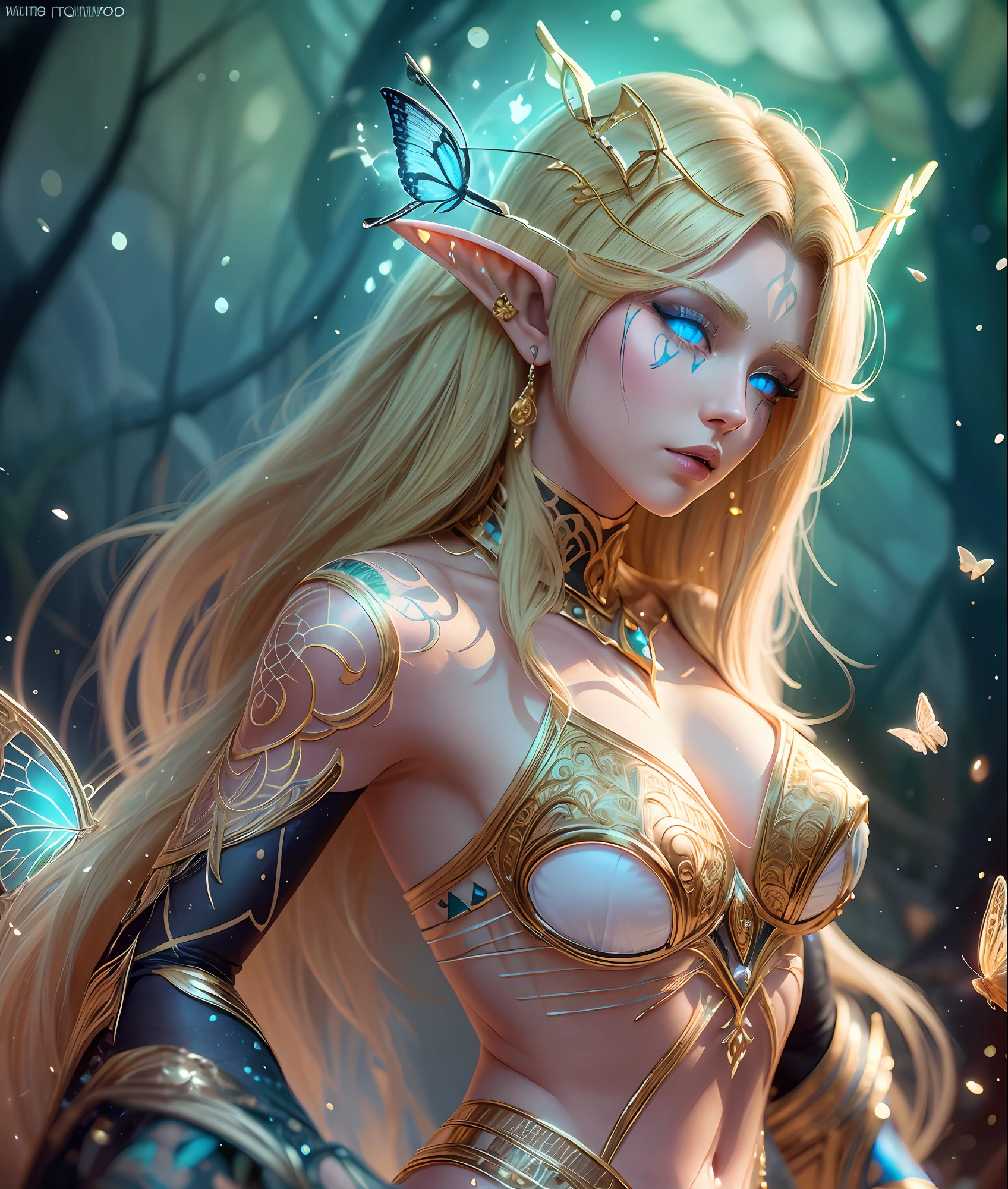 beautiful elf, fantasy style, blue eyes,hero pose, beautiful tattoo on your body,((intricate details)), hdr, Dramatic type,magic, long blonde hair, armor covering parts of your body in white and gold details, black forest background, magic, fairies, and neon yellow butterflies