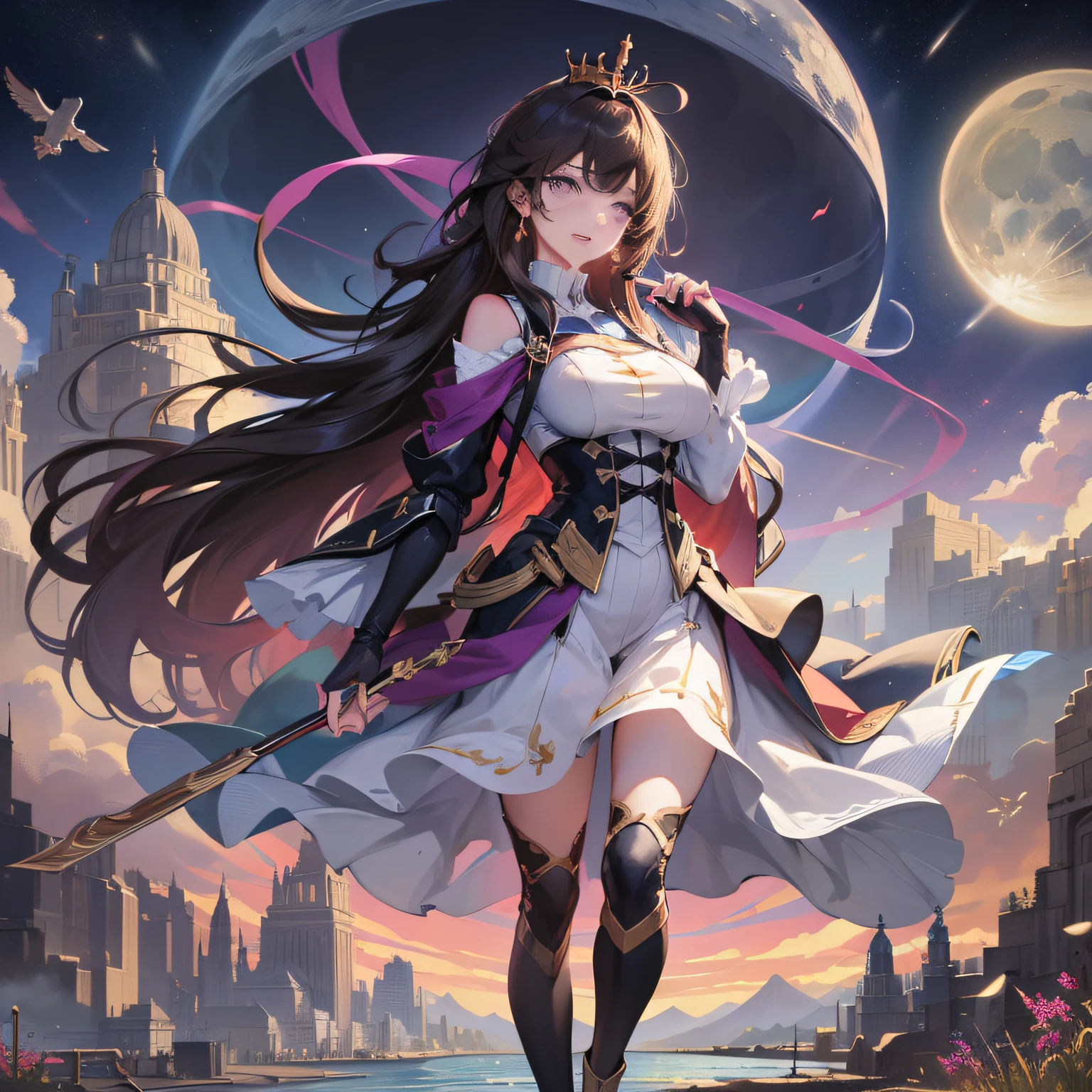 Mountains and lakes with moon in the sky, 4K highly detailed digital art, 4K HD wallpaper very detailed, impressive fantasy landscape, sci-fi fantasy desktop wallpaper, Unreal Engine 4k wallpaper, 4k detailed digital art, sci-fi fantasy wallpaper, epic dream fantasy landscape, 4k hd matte digital painting, 8k stunning artwork brunette, long hair, parted bangs, side sweep bangs, shiny hair, hair clips, crown, glowing eyes, purple eyes, colored contact lenses, parted lips, unconscious, saliva traces, , ultra hd, ultra hd, super detail, textured skin, high detail, high quality, best quality, 4K brunette hair, striped hair, ahoge, curtain hair, hair yooke, long hair, purple eyes, love eyes, blushing, torogao, saliva marks, face to face Full body like big breasts long skirt beautiful legs Moon princess dress Full body standing high heels Holding skirt Slender legs Fair skin that shines in the moonlight Smiling,