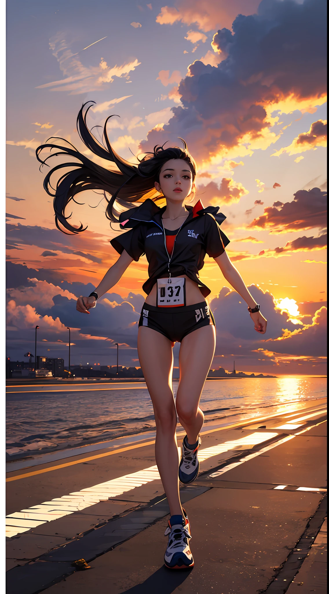 (masterpiece, best quality, high quality, highres, ultra-detailed), sideways,
runway, sunset,
1girl, running,