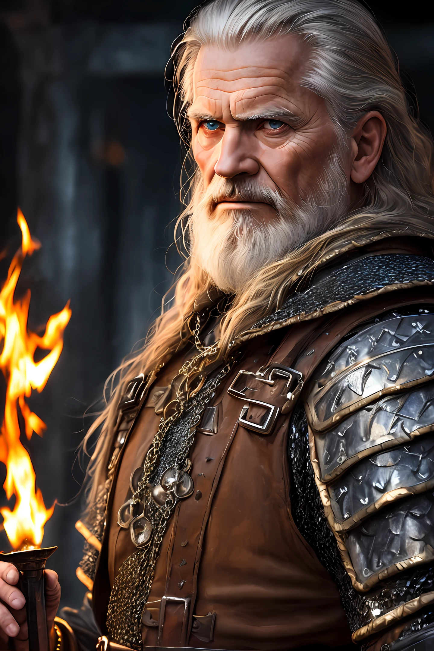 (Highest quality:1.3), cinematic shot, masterpiece, (sharp focus:1.5), (photorealistic:1.3), medium portrait of (a weary-looking but still proud and fierce-looking old Viking warrior, now the leader of his village, dressed in elaborately detailed chain mail and leather armour, a few torches burn on the walls, giving the scene a dark atmosphere but sculpting the forms in sharp chiaroscuro), it is night time, (highly detailed skin), (detailed face), detailed background, dark lighting, twilight lighting, volumetric lighting, intricate details, UHD,