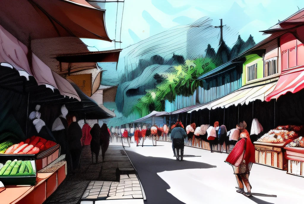 Perspective of a road passing through an open air market with stalls around it and people trading groceries, marker painting, handsketch