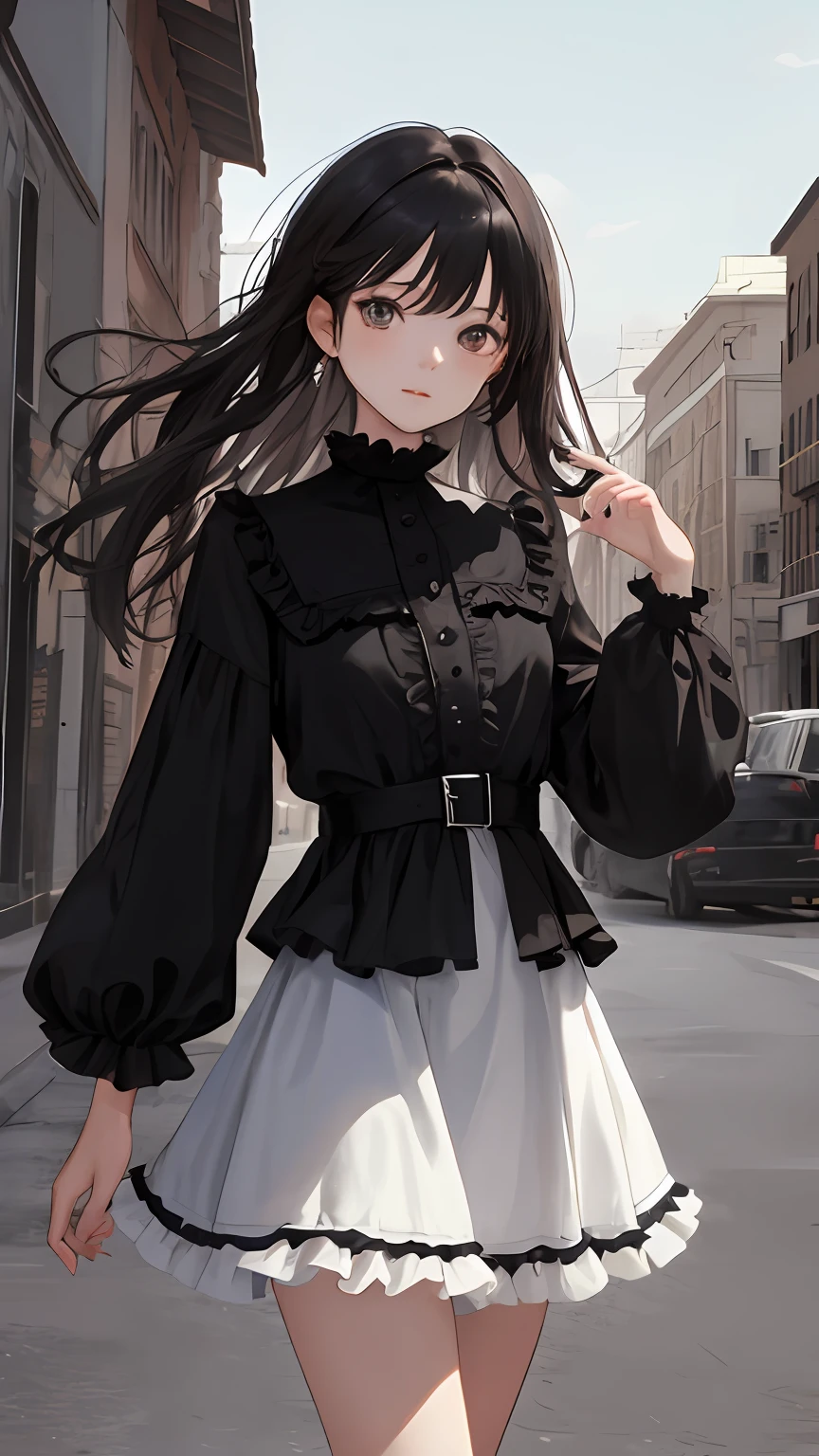 masterpiece, best quality, looking at viewer, long hair, outdoors, (wavy hair:0.7),
black theme, frills, cowboy shot,