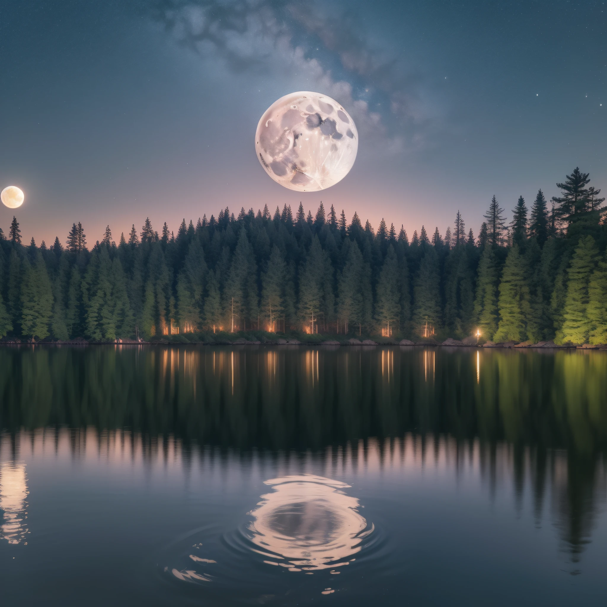 masterpiece. High quality. Lake at night surrounded by mountains and trees. Starry sky. Bao above the water. Full moon reflected in the water. hyper-detailed.8k
