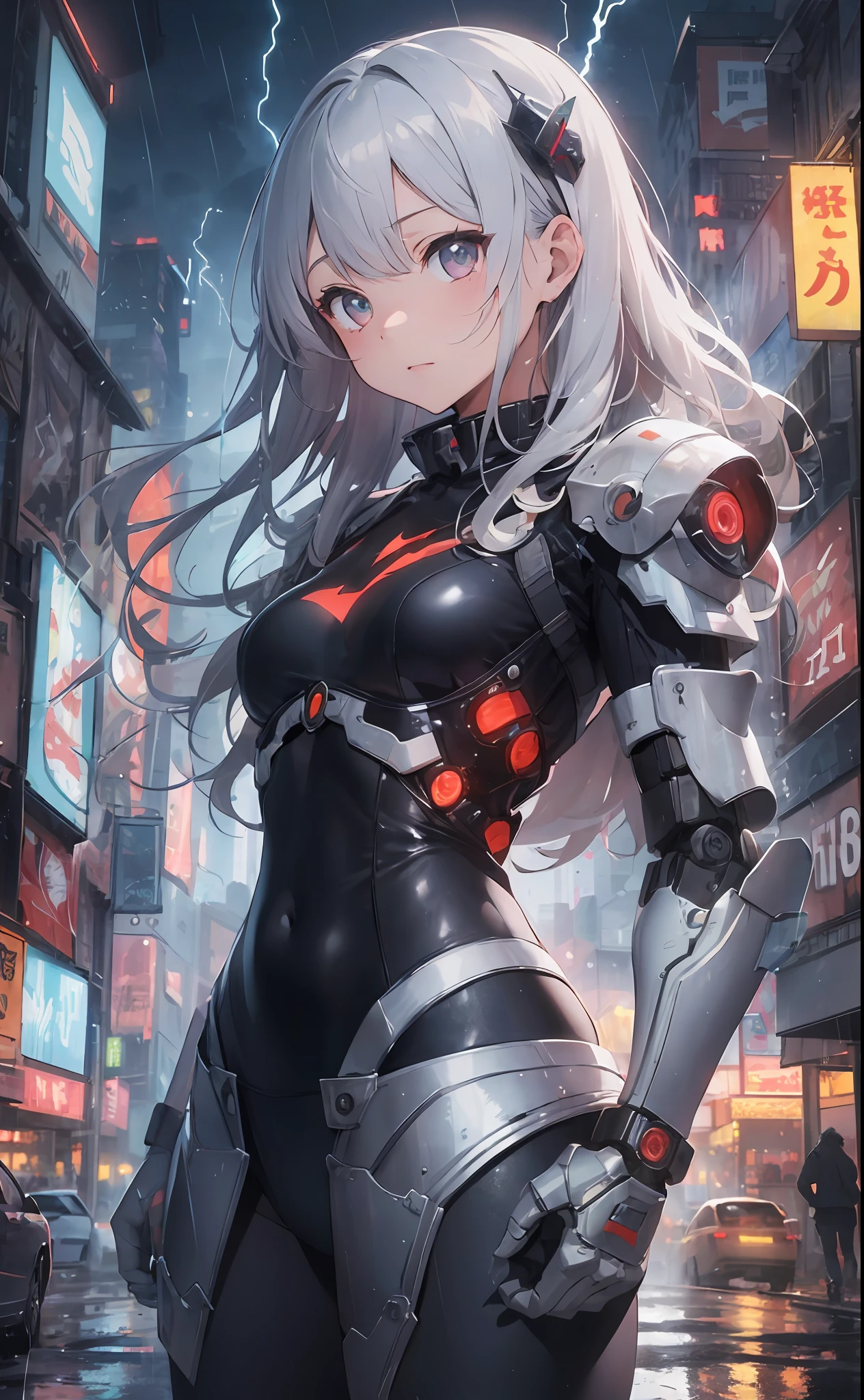 ((masterpiece:1.4, best quality))+, (ultra detailed)+,
1 girl,cyberpunk city,flat chest,wavy hair,mecha clothes,(robot girl),cool movement,silver bodysuit,colorful background,rainy days,(lightning effect),silver dragon armour,(cold face),cowboy shot,