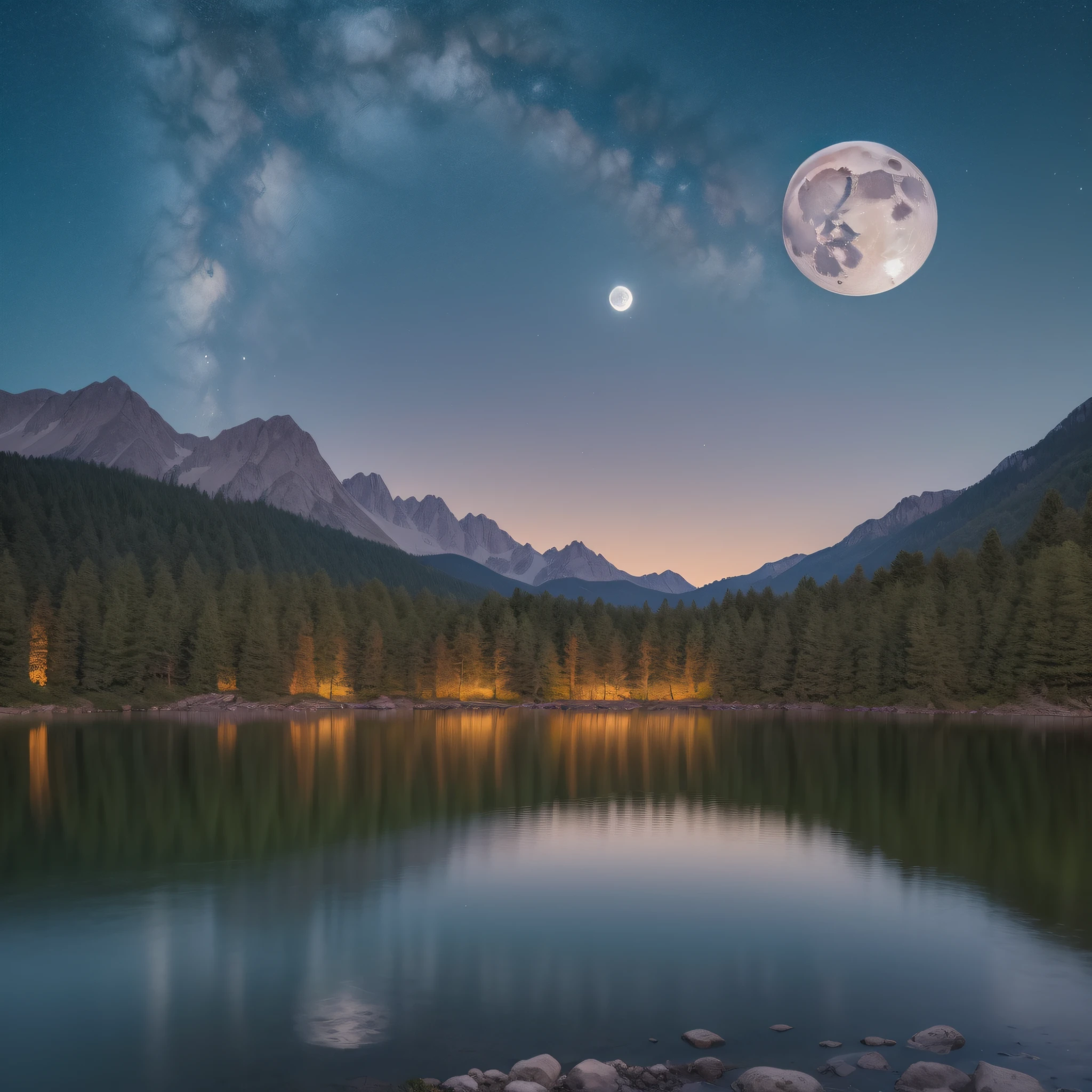 masterpiece. High quality. Lake at night surrounded by mountains and trees. Starry sky. Bao above the water. Full moon reflected in the water. hyper-detailed.8k