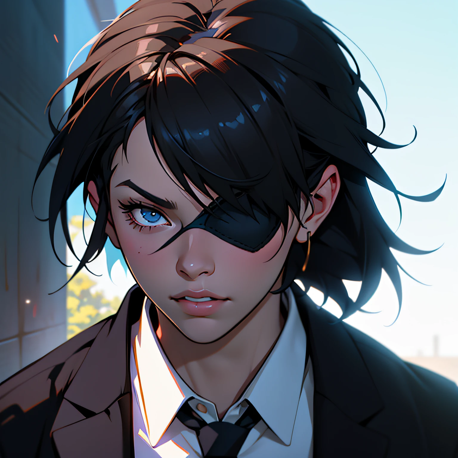 dreamlikeart style, zenke2 portrait, a ultradetailed beautiful portrait panting of a stylish zenke2 wearing a shirt with a tie, she has black hair and an eyepatch, by ilya kuvshinov, greg rutkowski and makoto shinkai, trending on artstation