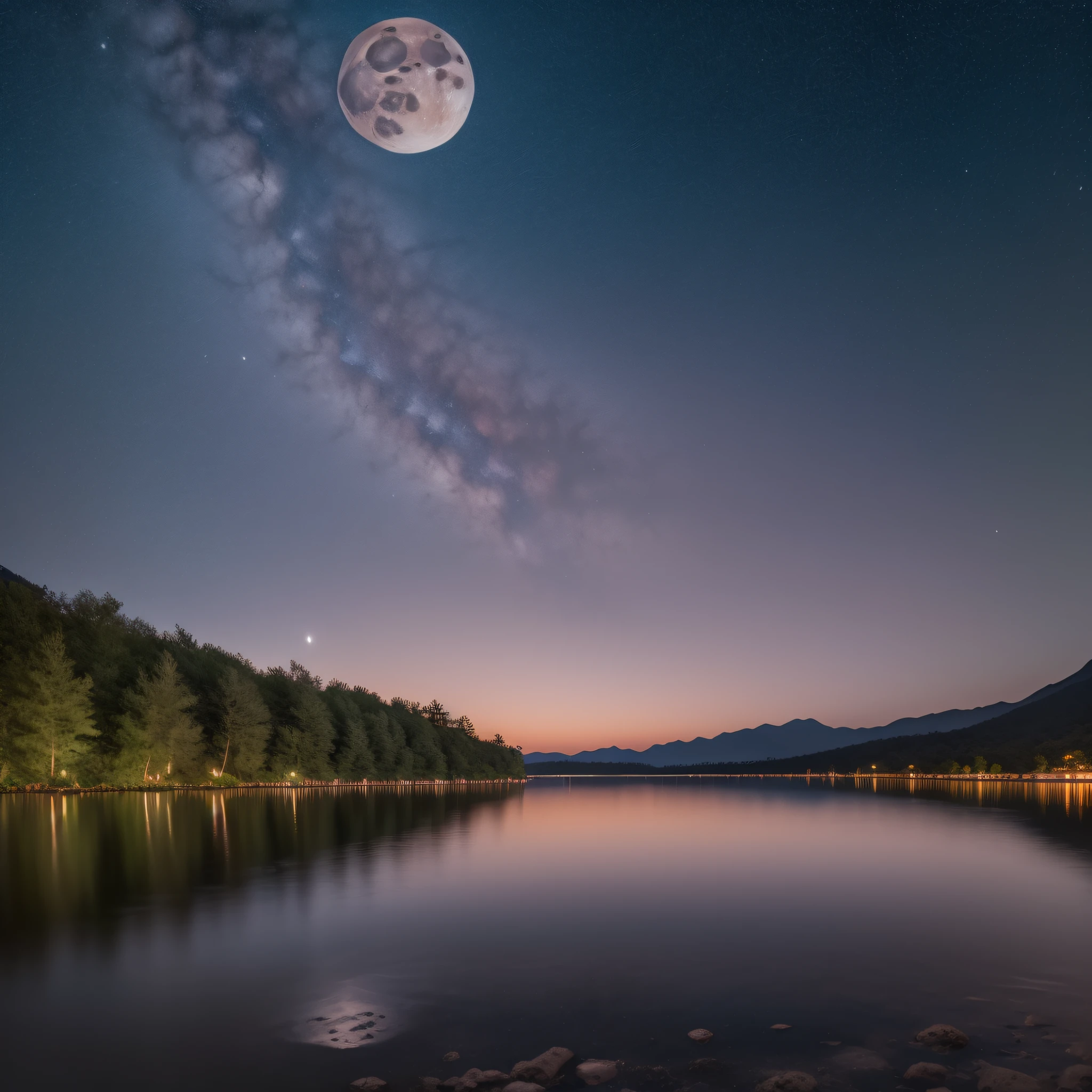 masterpiece. High quality. Lake at night surrounded by mountains and trees. Starry sky. Bao above the water. Full moon reflected in the water. hyper-detailed.8k
