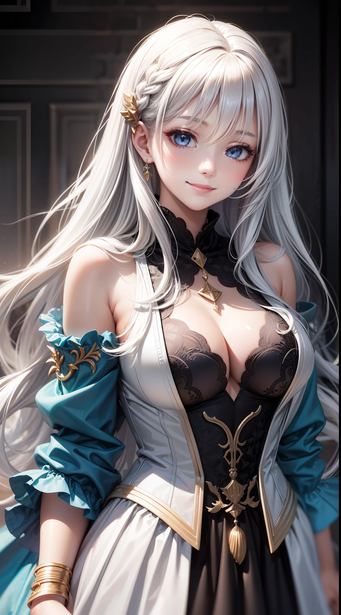 Adult girl, long white hair, blue eyes, beautiful dress, open chest, smile, masterpiece, high quality