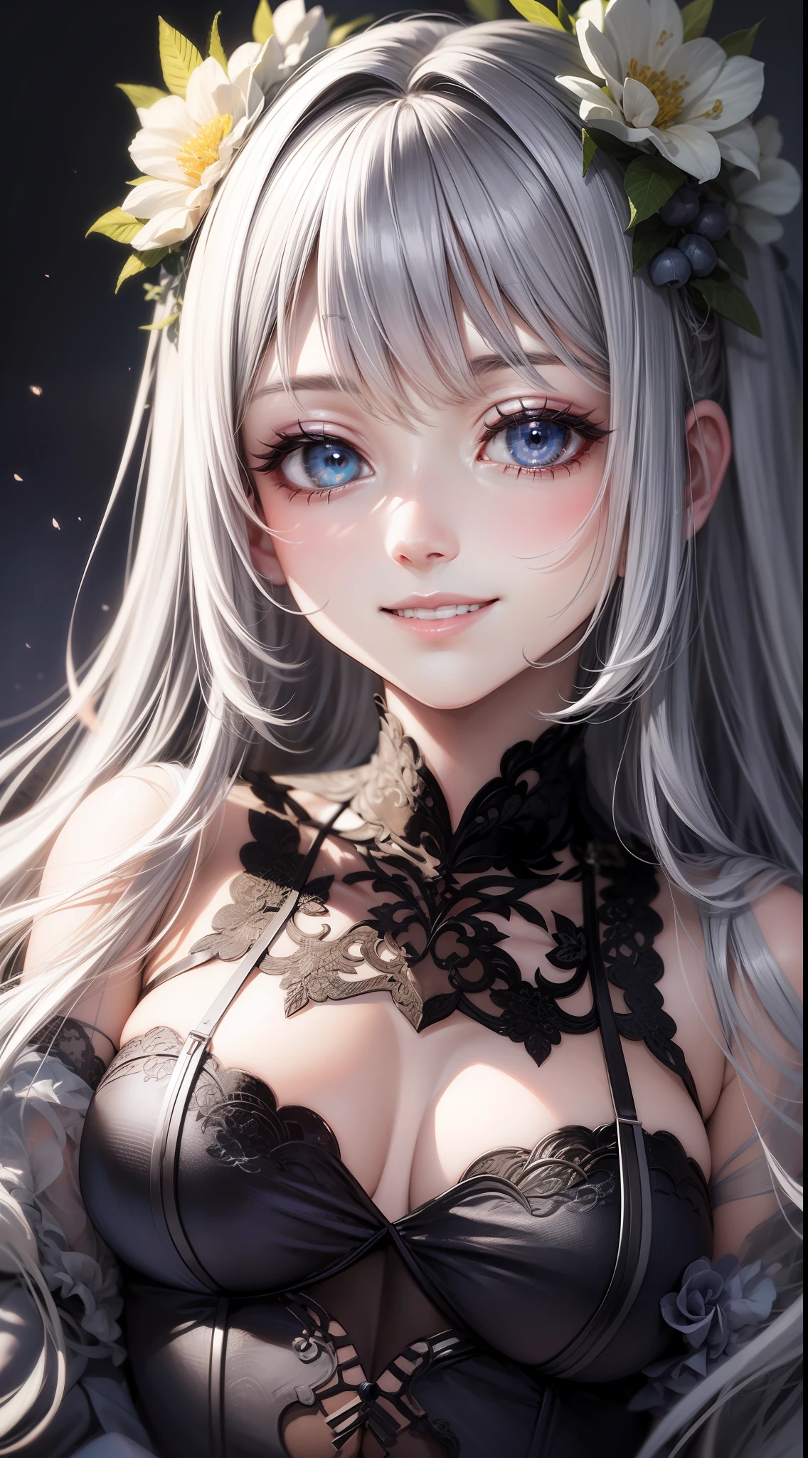 Adult girl, long white hair, blue eyes, beautiful dress, open chest, smile, masterpiece, high quality