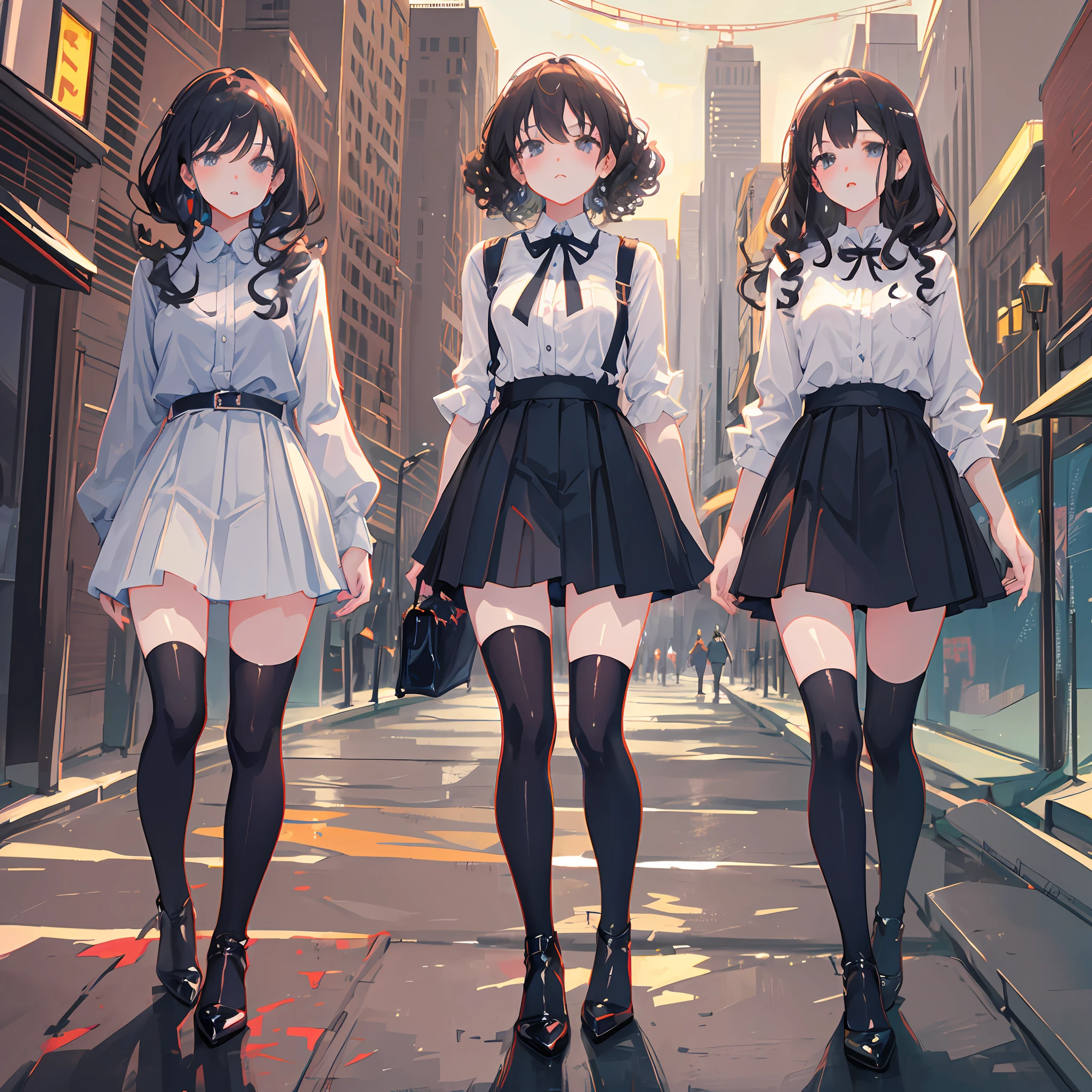 an anime style picture of the identical triplet girls in the short skirts and white thigh high socks and high heels, 3girls, brown curly hair, trio, gray skirt, black high heels, outdoors, highly detailed face, matching outfits, matching hairstyles