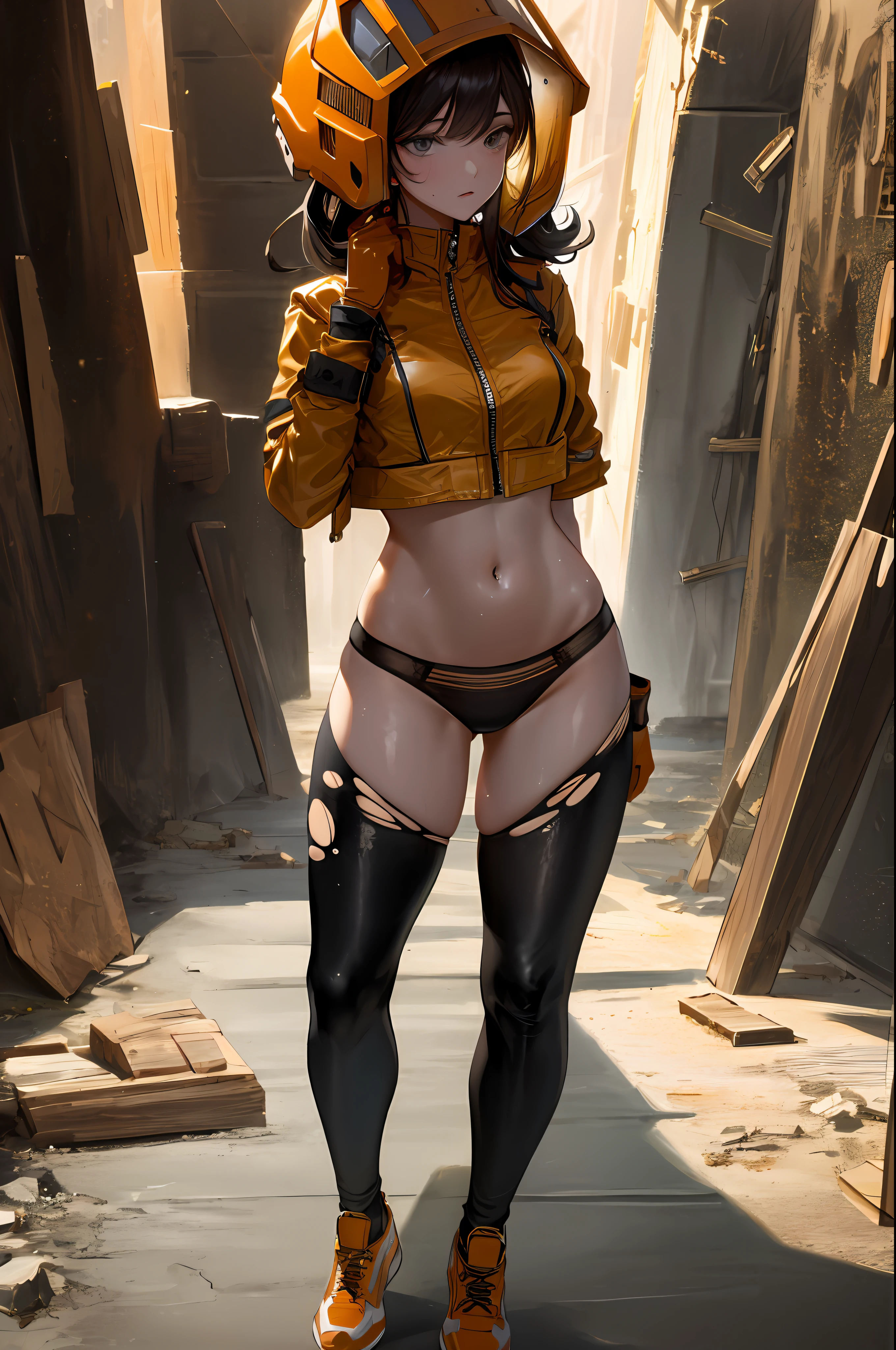 (Masterpiece), best quality, high resolution, (hyper-realistic: 1.3), 4k, 8k, detailed illustrations, intricate details, (1girl), (miner: 1.5), tools, (medium breasts: 1.2), (whole body: 1.3), dirt on the body, dirty, (dirty body: 1.7), (dirty skin: 1.7), sweaty skin, very fine skin, skin pores, textured skin, (torn leggings: 1.3), (open leather jacket: 1.2), (torn crop top), Wearing an orange helmet, (cave entrance: 1.5), (walls covered with glittering ore: 1.2), cinematic lighting, sharp shadows, amazing quality, amazing shadows, soft lighting, (symmetry: 0.5) ultra-detailed, bare panties