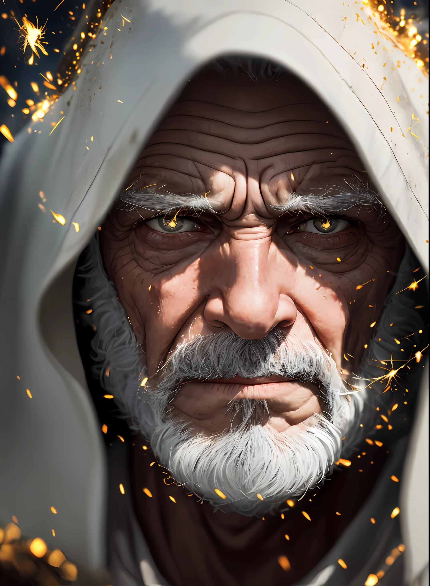 An epic close up portrait of elderly intense sinister eyes, and nose with long white beard, framed with a faded ancient tattered white linen hood, reflecting gold sparks in the irises of the eyes, white eyebrows, at night, dramatic lighting, high contrast, highest definition, hyperrealism, hyperrealistic, photorealistic, high resolution, hdr photography, 8k --auto --s2