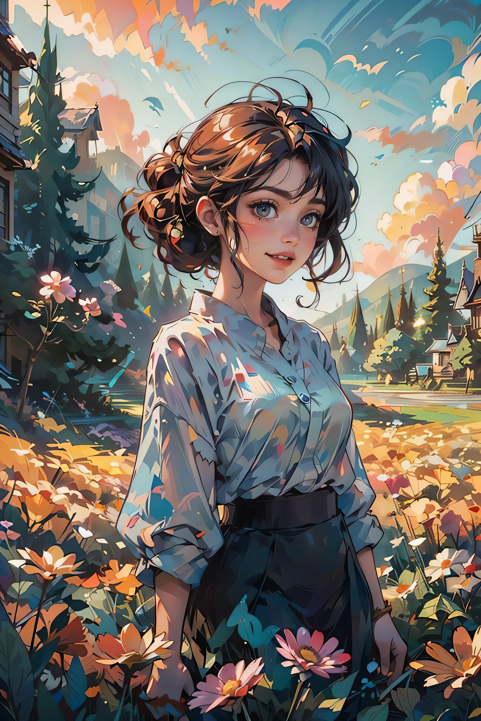 shui001,Masterpiece: 1.2, best quality, 1girl, field of daisy, vibrant, (happy:1.4),colorful details,ultra detailed,detailed lighting,\(\(inspired by Hayao Miyazaki\)\),official art,