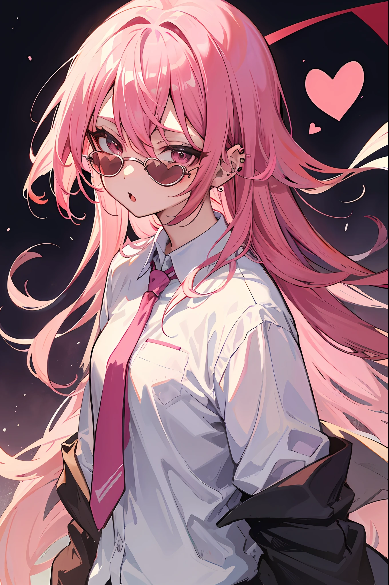 anime girl with pink long hair and white shirt and tie, anime style、、、 heart piercing, pink hair, calm shades,