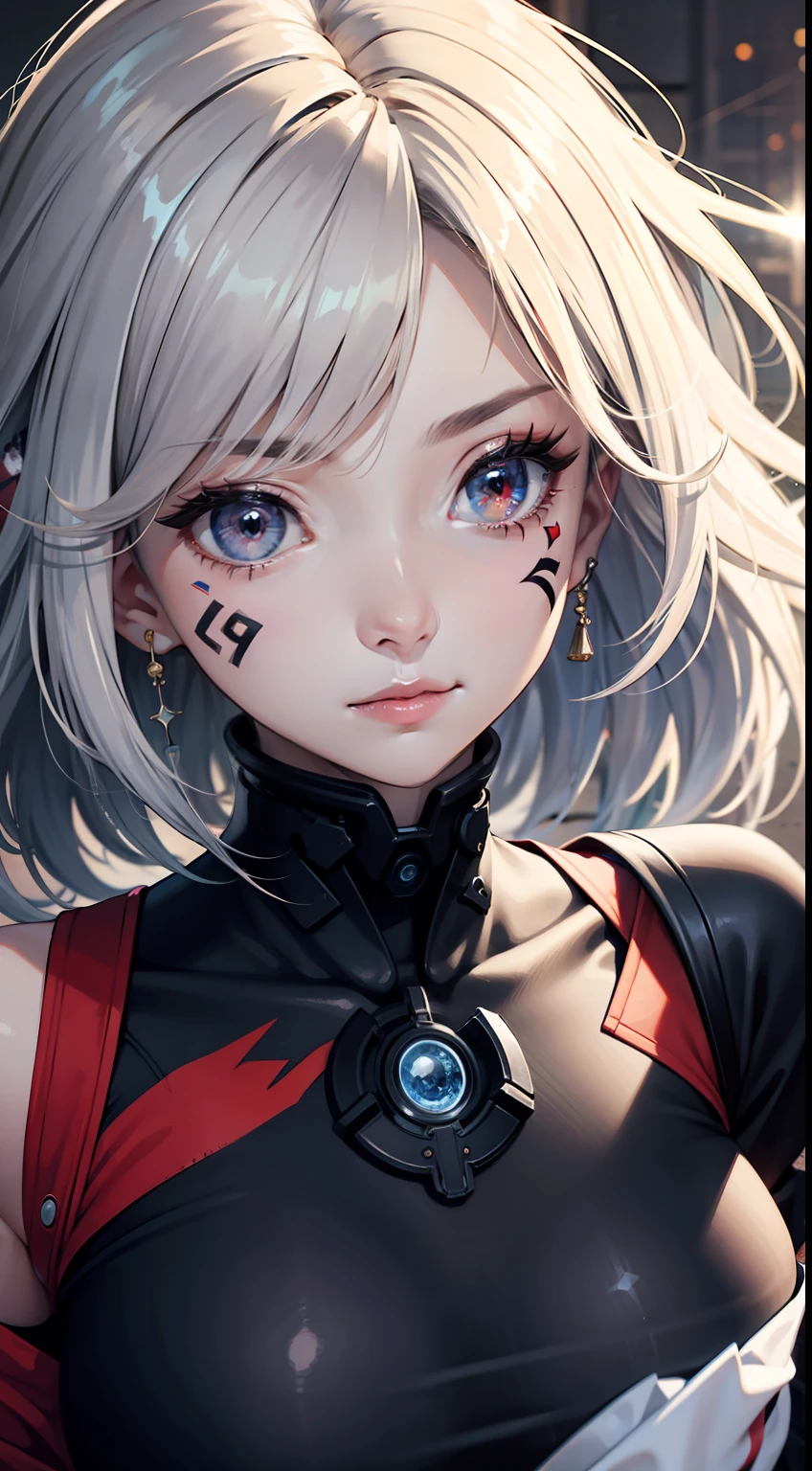 mecha, (best quality),original,Perfect details,(ultra-detailed),illustration,(fantasy:1.1),(clear frame:1.1),(extremely detailed CG unity 8k wallpaper),tyndall effect,1girl,bright pupils, (glowing eyes:1.21),(1 girl, solo:1.2), fullbody,detailed eyes, beautiful detailed hair, beautiful detailed face, crystal on forehead, expressionless,(torn clothes),red eyes, medium hair, (face tattoo), (tearing clothes)white hair, (off shoulder clothes),messy floating hair,far away form viewers, (from side:0.5), looking at viewers,depth of field, laboratory, (binary numbers:1.3),volumetric light,shadow, dreamy,, photography, masterpiece, best quality, 8K, HDR, highres, absurdres:1.2, Kodak portra 400, film grain, blurry background, bokeh:1.2, lens flare, (vibrant color:1.2),gril.Chinese Beauty,best quality ,masterpiece, illustration, an extremely delicate and beautiful, extremely detailed ,CG ,unity ,8k wallpaper, Amazing, finely detail, masterpiece,best quality,official art,extremely detailed CG unity 8k wallpaper,absurdres, incredibly absurdres, huge filesize , ultra-detailed, highres, extremely detailed,beautiful detailed girl, extremely detailed eyes and face, beautiful detailed eyes,light on face, (正面pureerosface_v1:0.5),(正面ulzzang-6500:0.5),